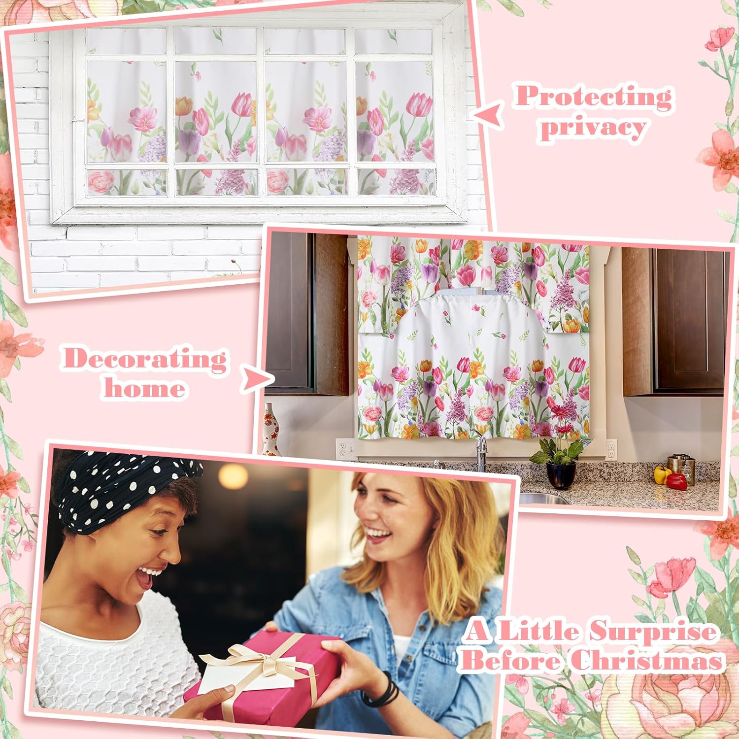 Ganeen 3 Pcs Summer Tulip Kitchen Curtain Set with Valance