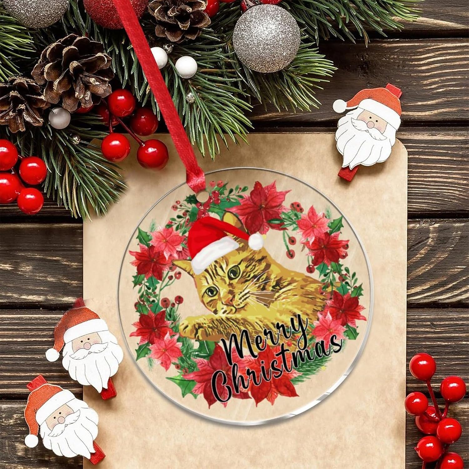 3 Inch Clear Acrylic Christmas Ornaments with Santa Hat
