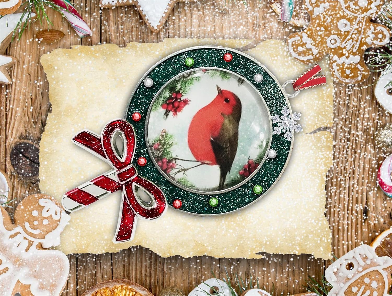 Gixpop Glitter Lollipop Christmas Ornament with Robin Bird