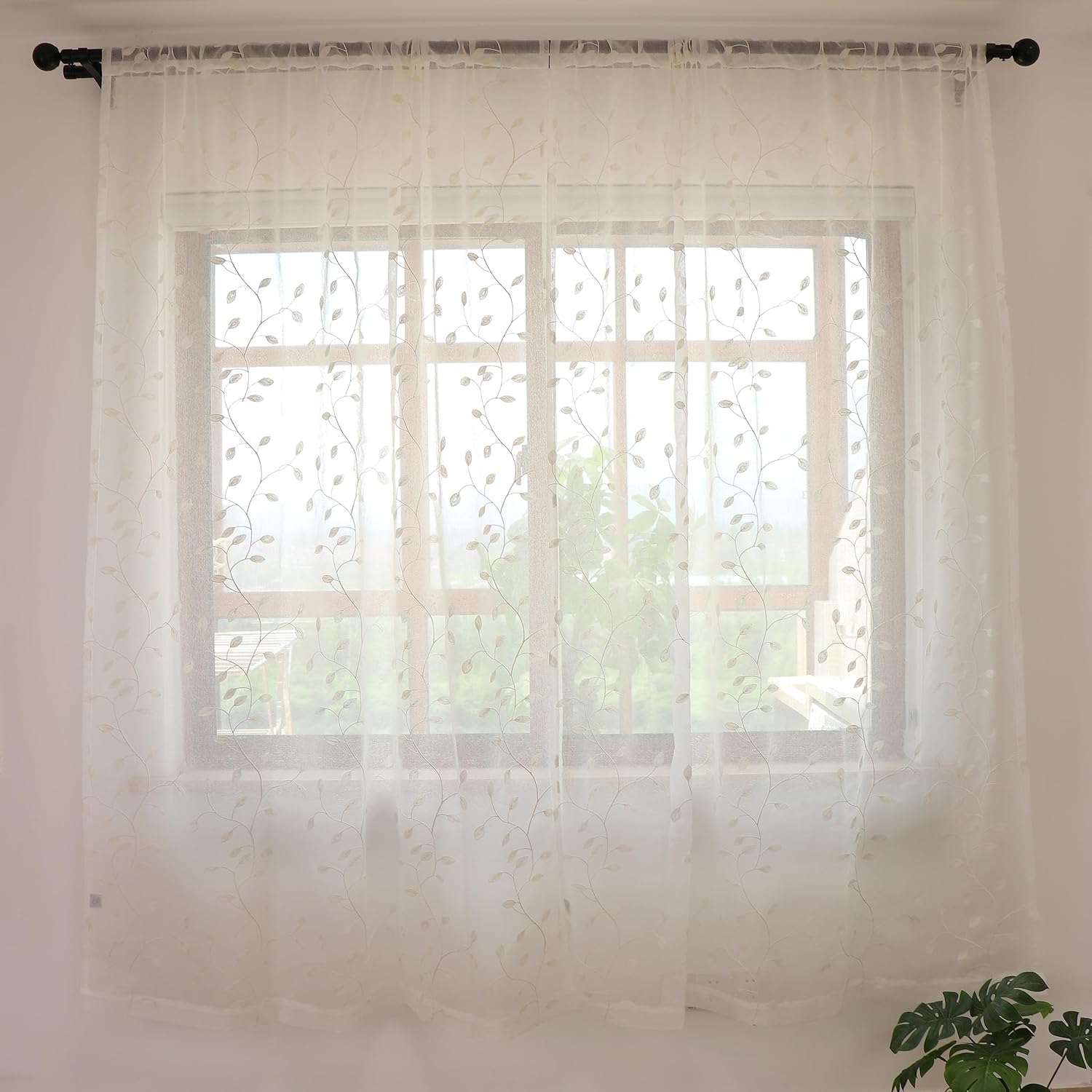 Slow Soul Set of 2 White Leaf Sheer Curtains