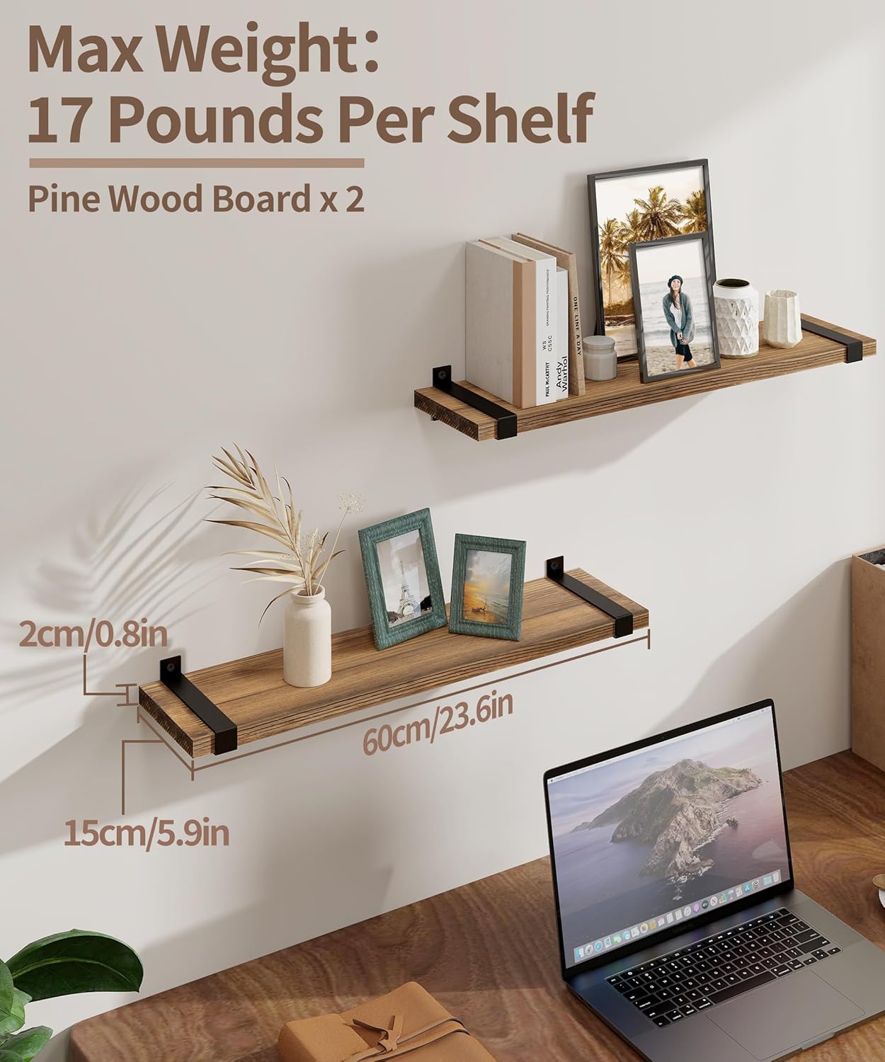 Gronda 24 Inch Rustic Pine Floating Shelves Set of 2