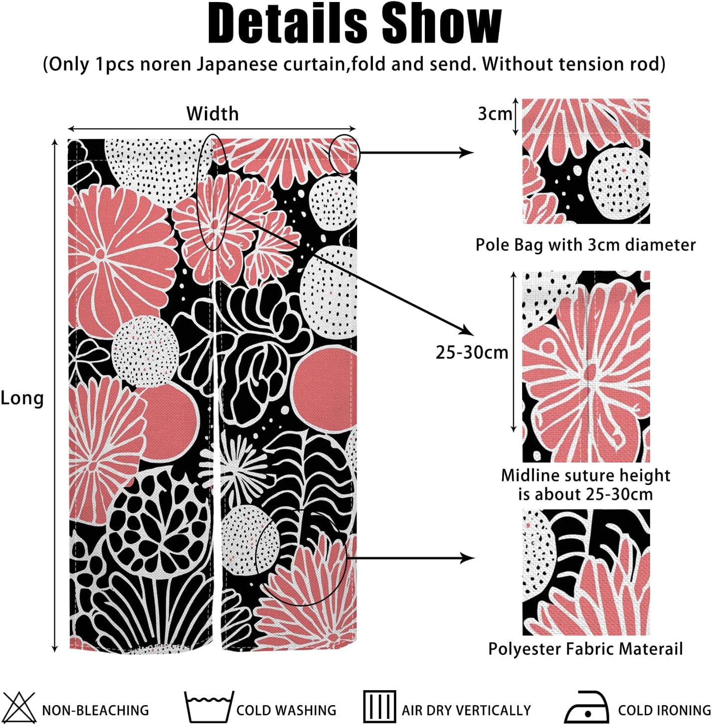Traditional Japanese Noren Door Curtain Black Pink Flowers 283x472