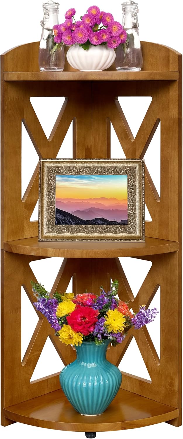 YCICI Corner Shelf Stand 3 Tier Natural Wood Bookshelf