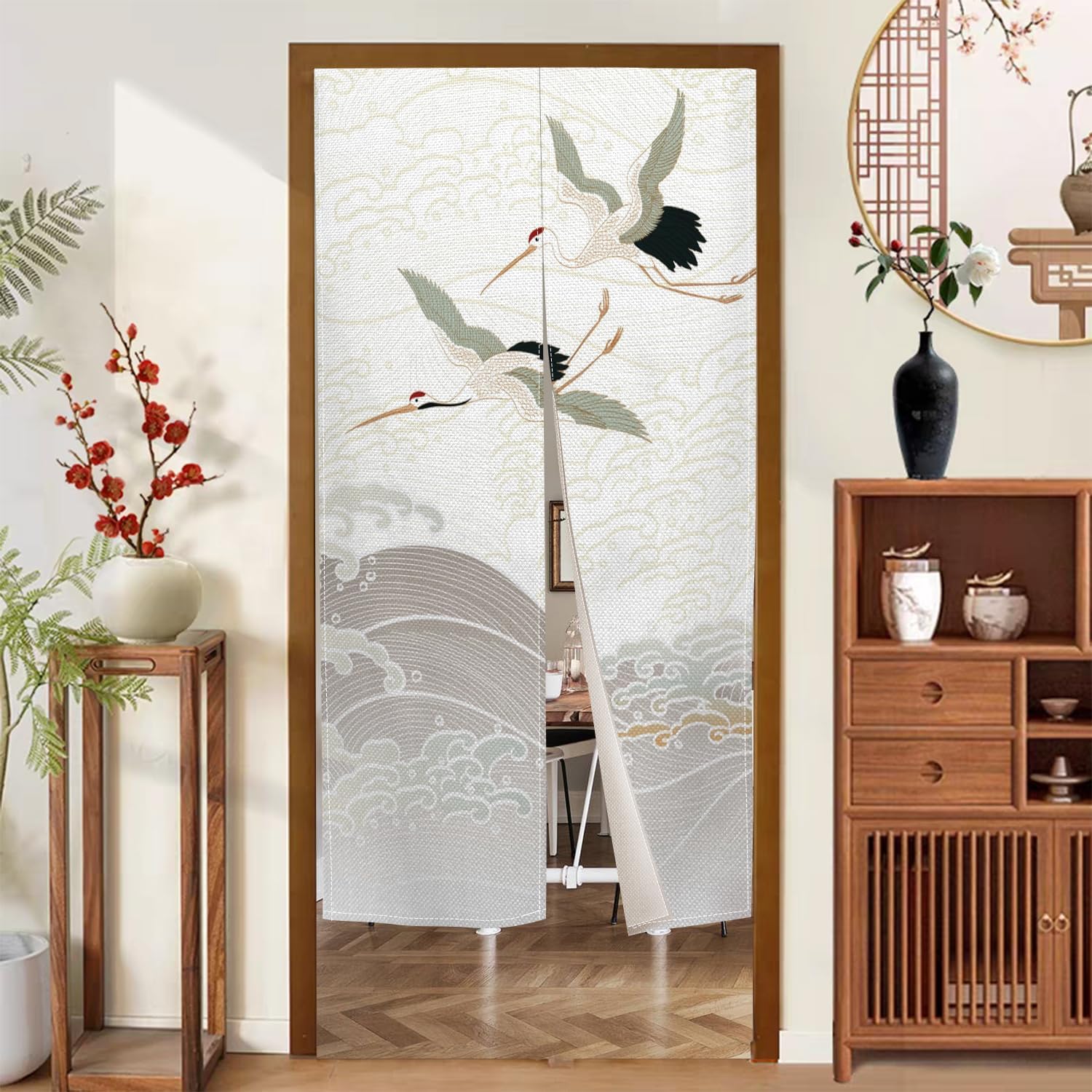 White Cranes Noren Door Curtain Privacy Partition Decor