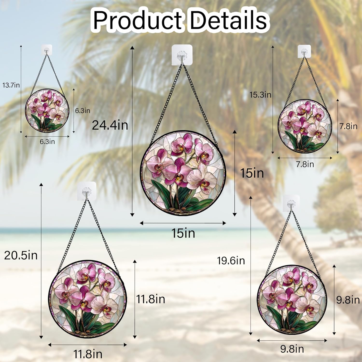 Stained Glass Window Hanging - 15 in Pink Purple Phalaenopsis Flowers
