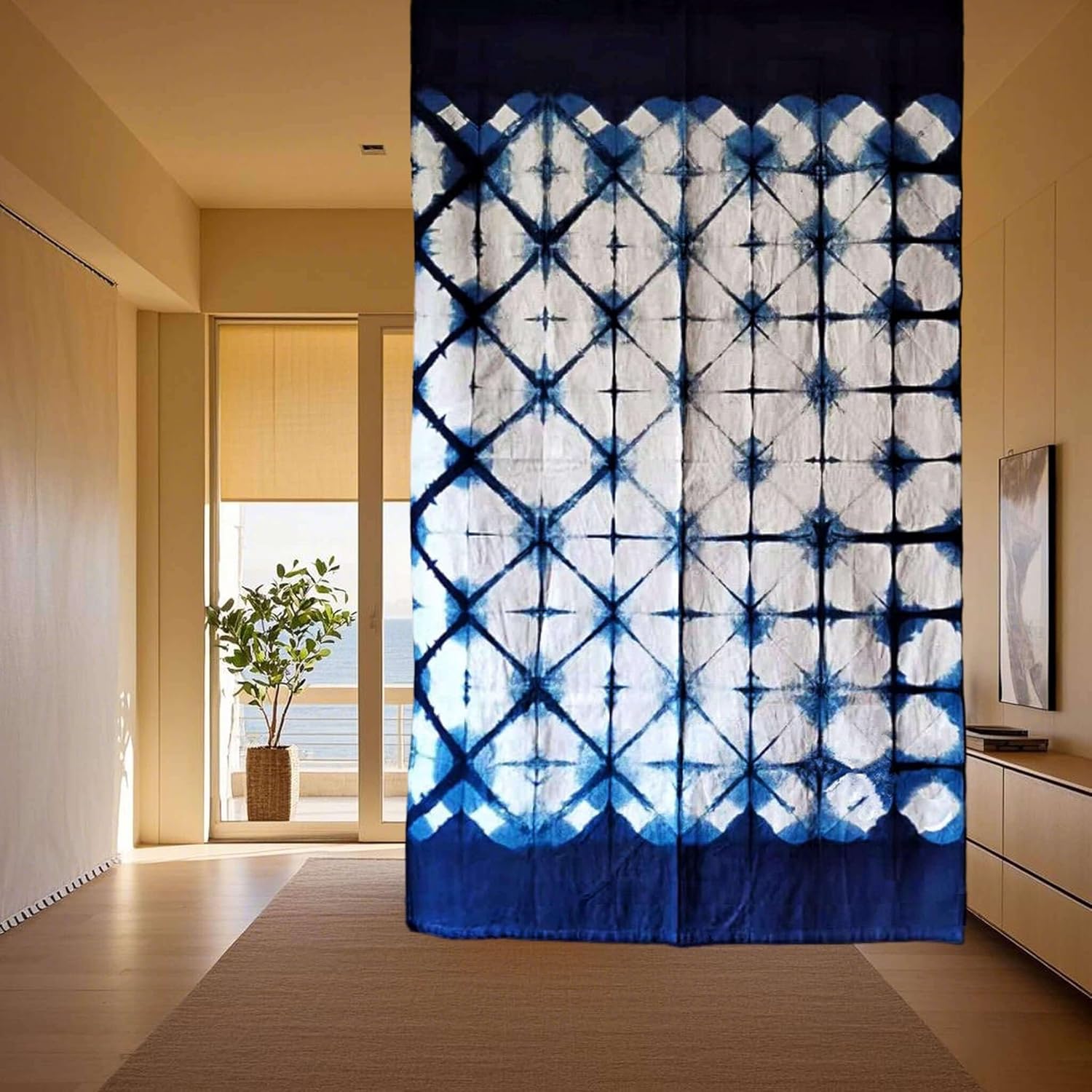 Hand Dyed Shibori Noren Curtain Panels - Geometric Indigo Design 335x59in