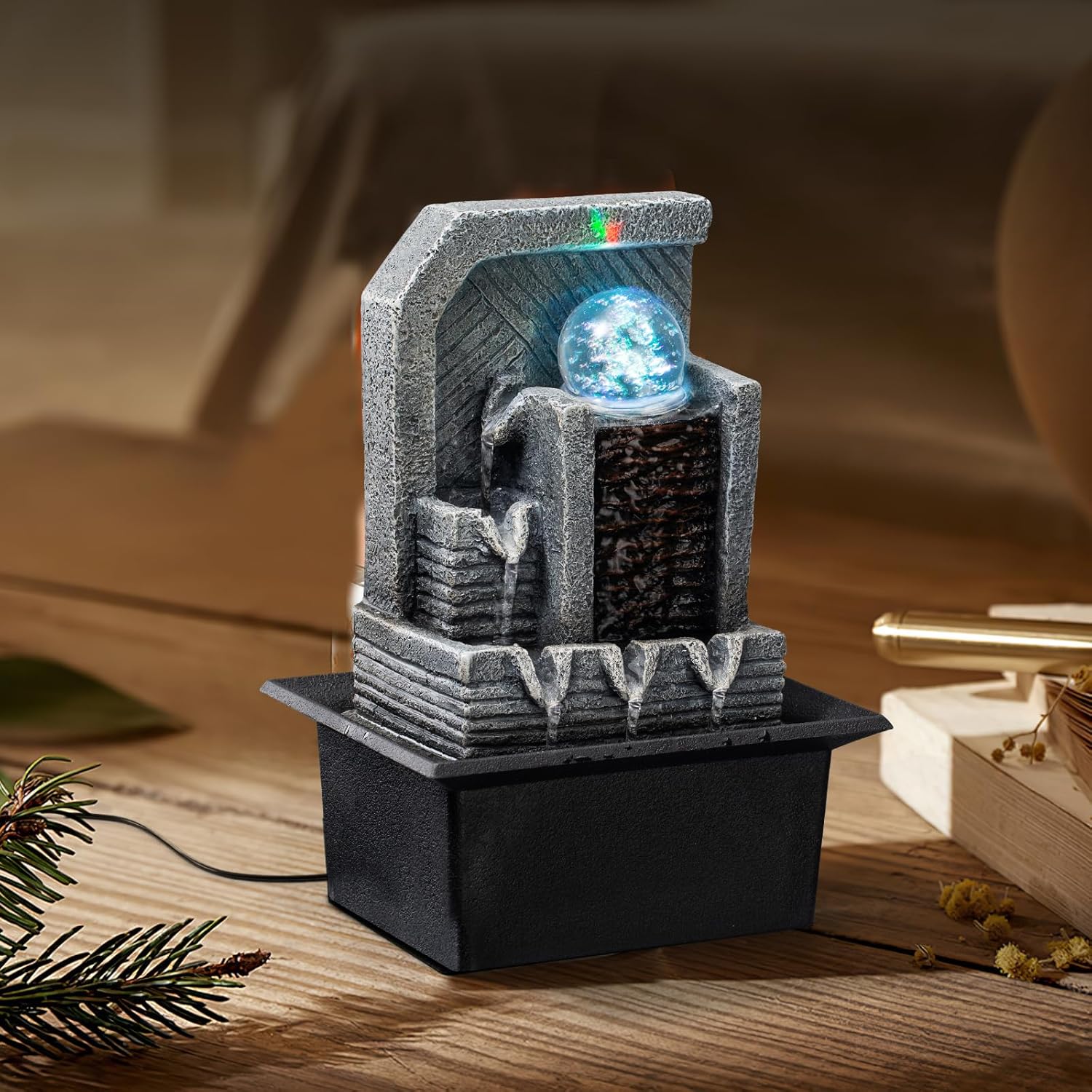 AMOOTEK Tabletop Fountain with LED Lights and Rotating Sphere