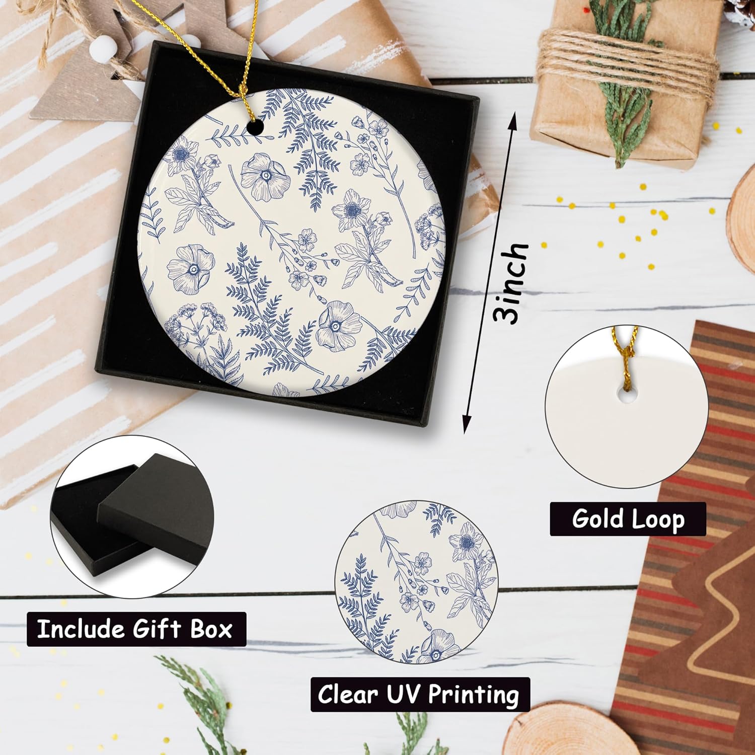 Blue Flowers Christmas Ornament - Chinoiserie Design Ceramic Decor