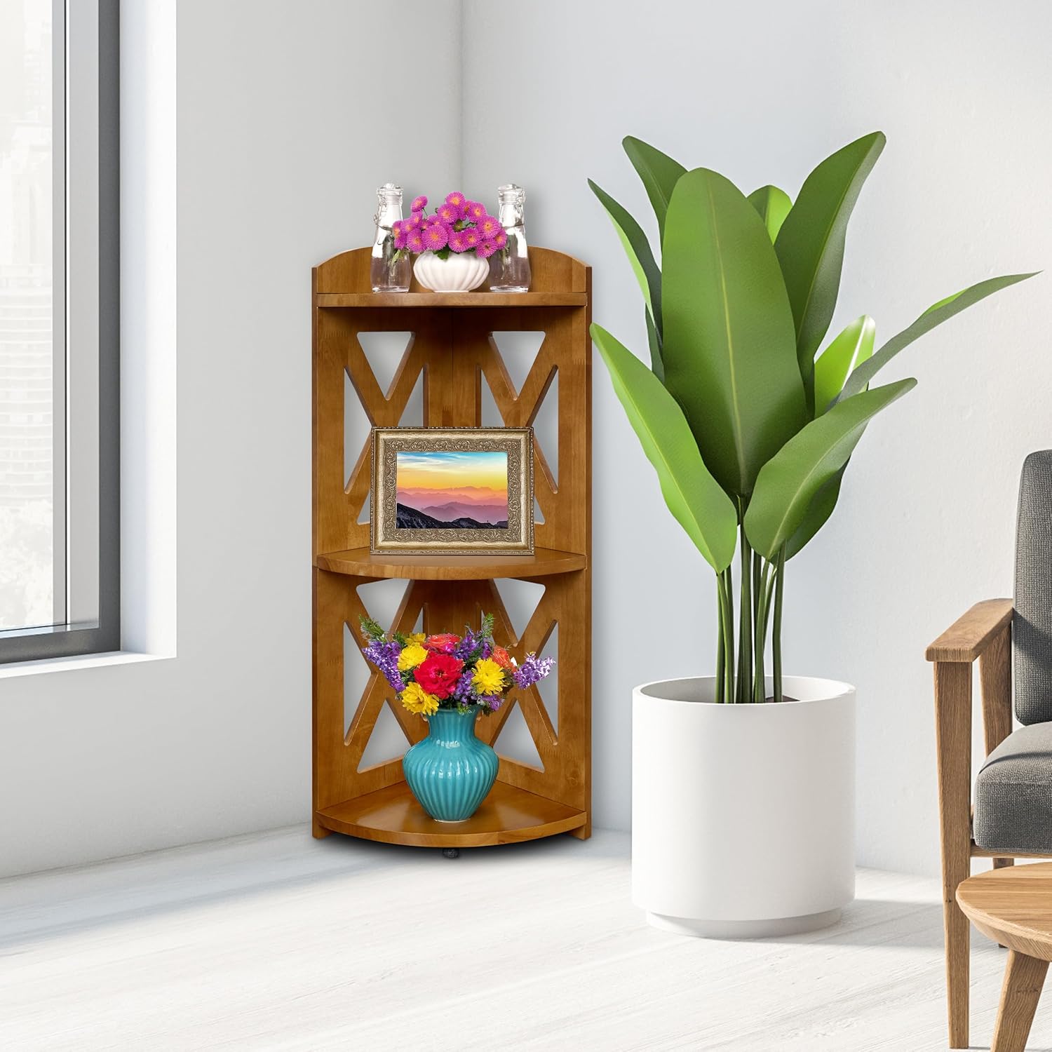 YCICI Corner Shelf Stand 3 Tier Natural Wood Bookshelf