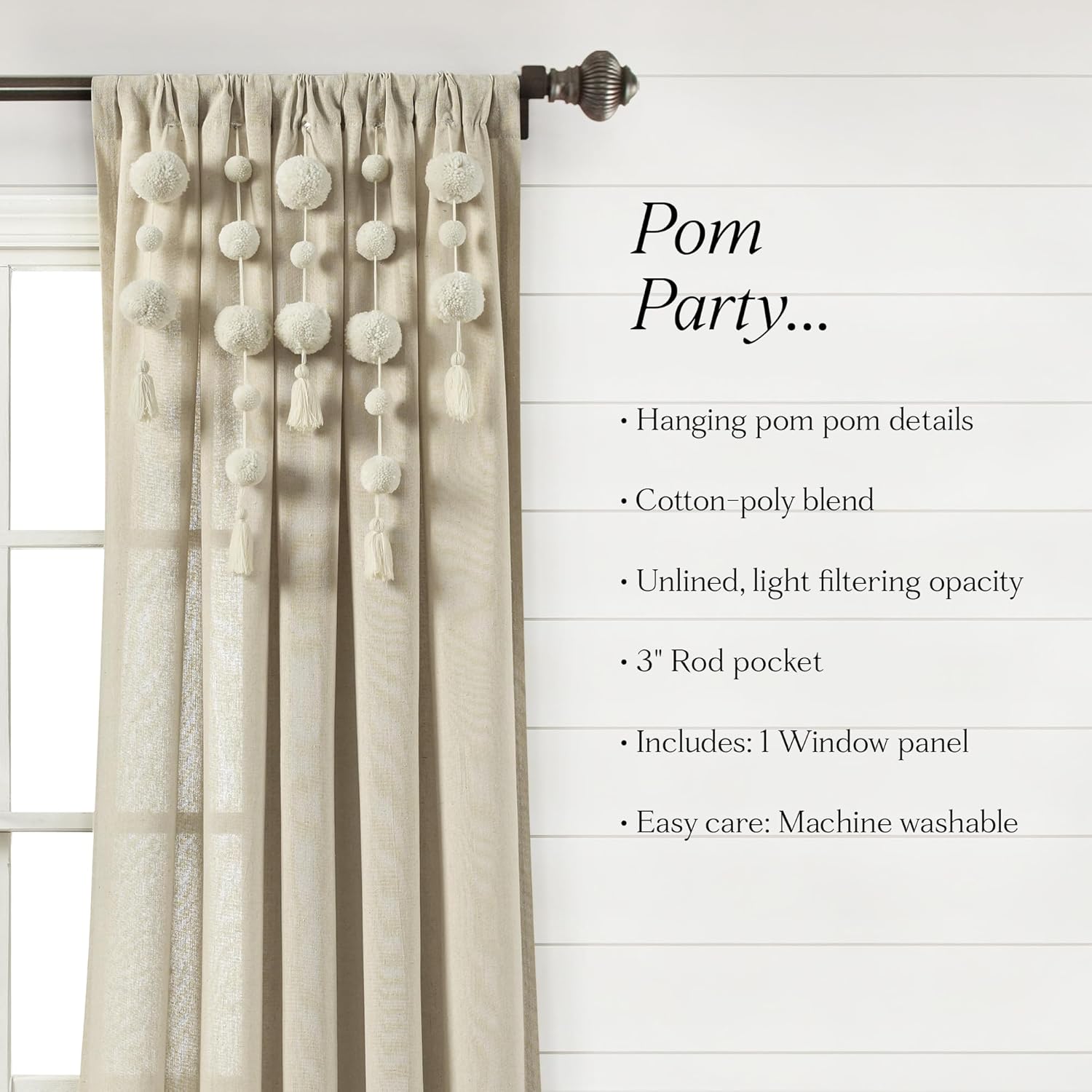 Lush Decor Boho Pom Tassel Curtain Panel 84x52in Dark Linen