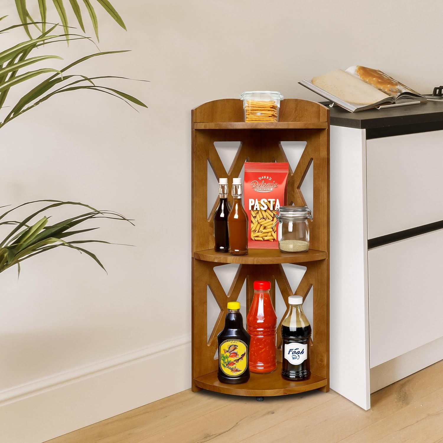 YCICI Corner Shelf Stand 3 Tier Natural Wood Bookshelf