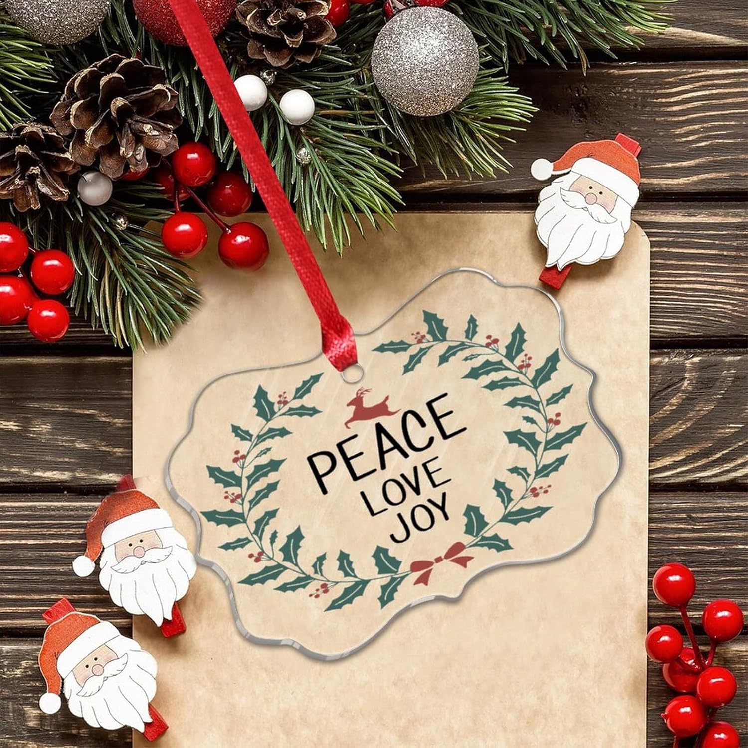 3 Clear Acrylic Christmas Ornaments 2023 Peace Love Joy Decor