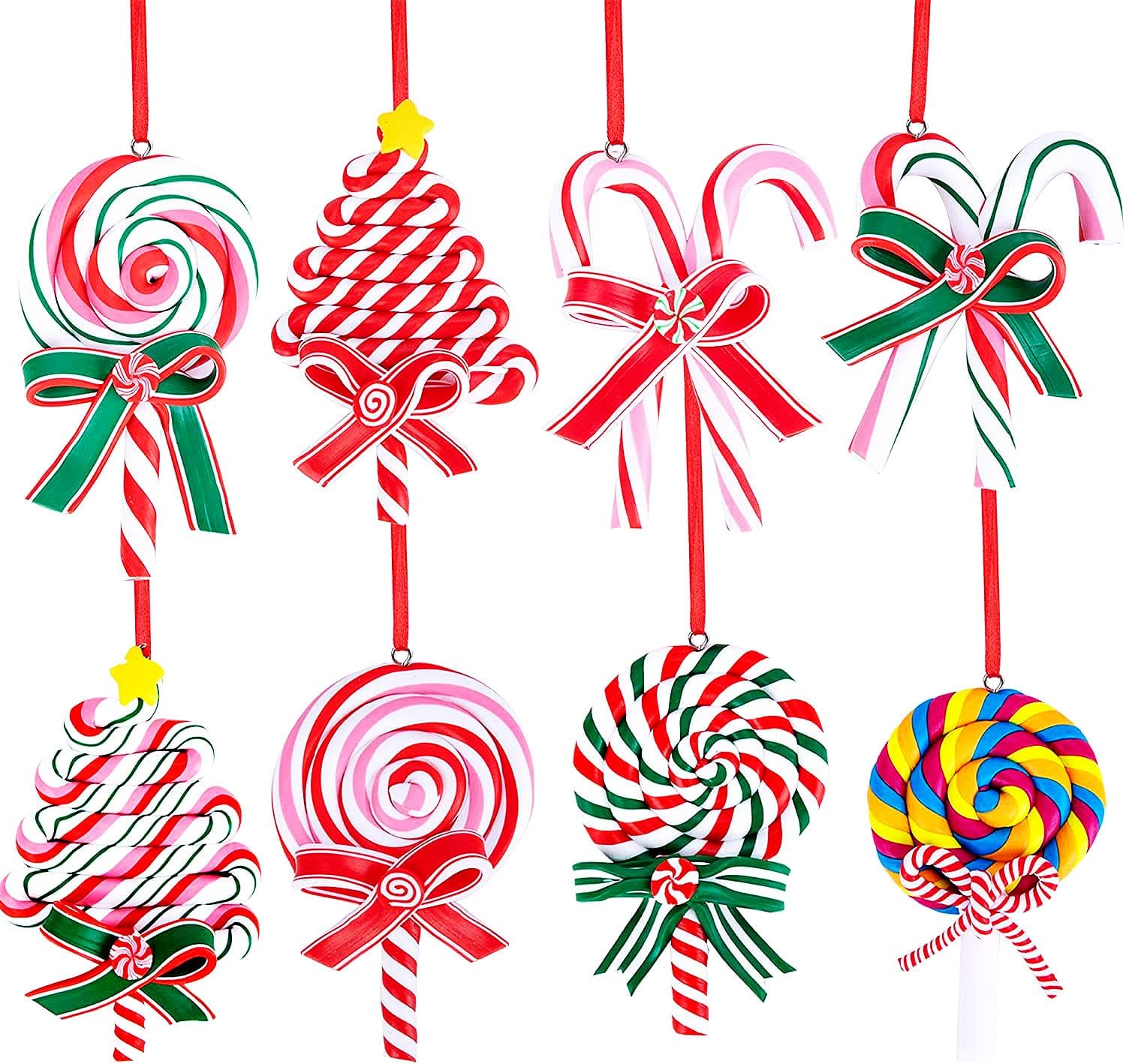 8 Piece Christmas Lollipop Ornament Set - Red Ribbon Hanging Decorations
