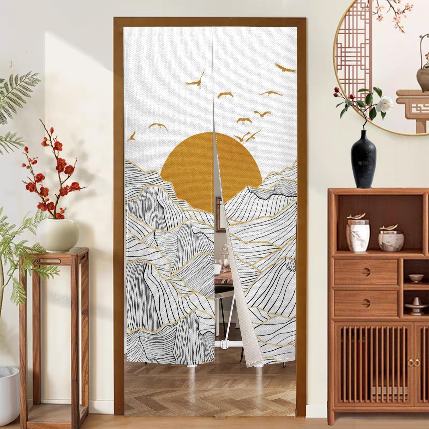 Traditional Japanese Noren Door Curtain with Sunset Mountain Print