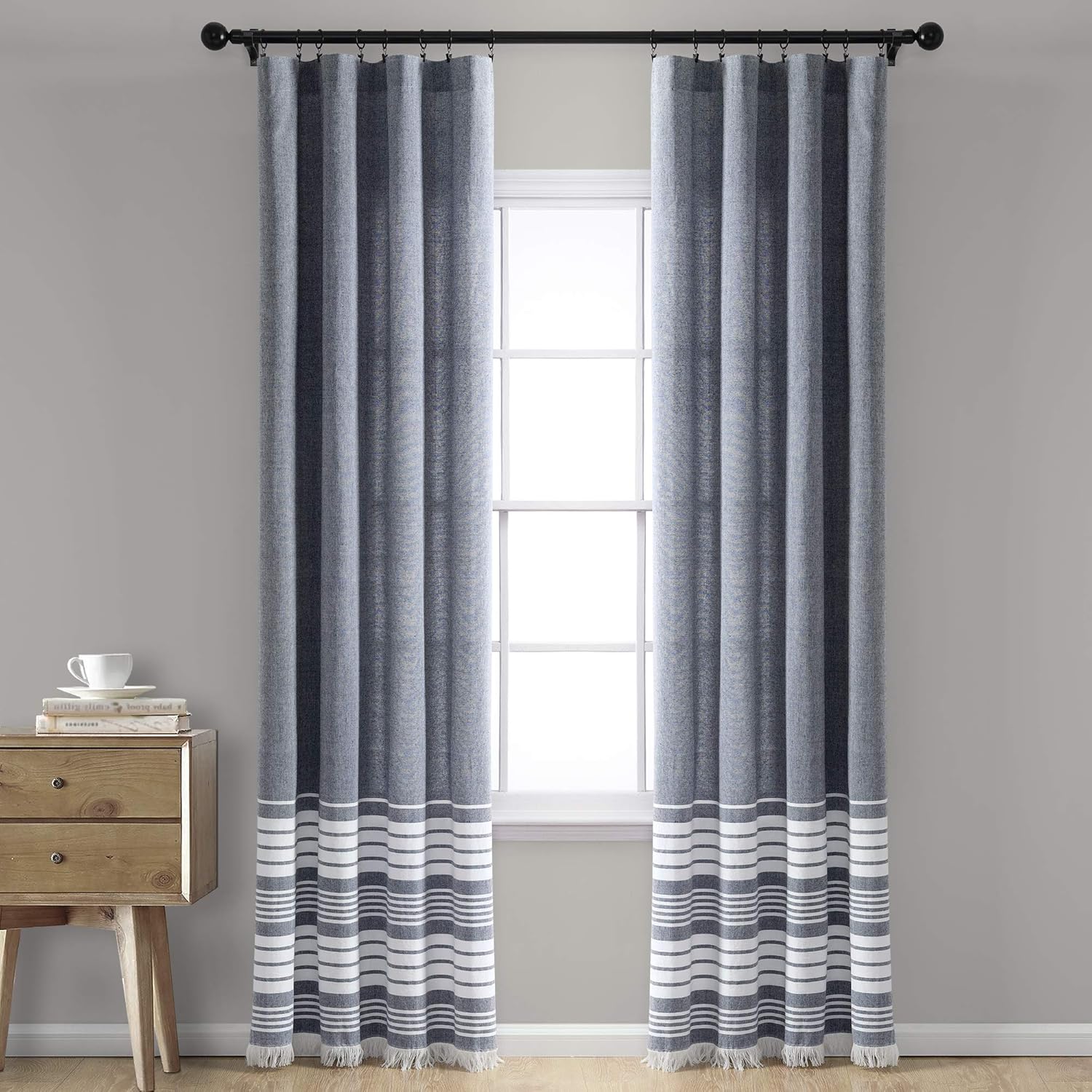 Nantucket Yarn Dyed Cotton Tassel Curtain Panels Set Navy 95x40