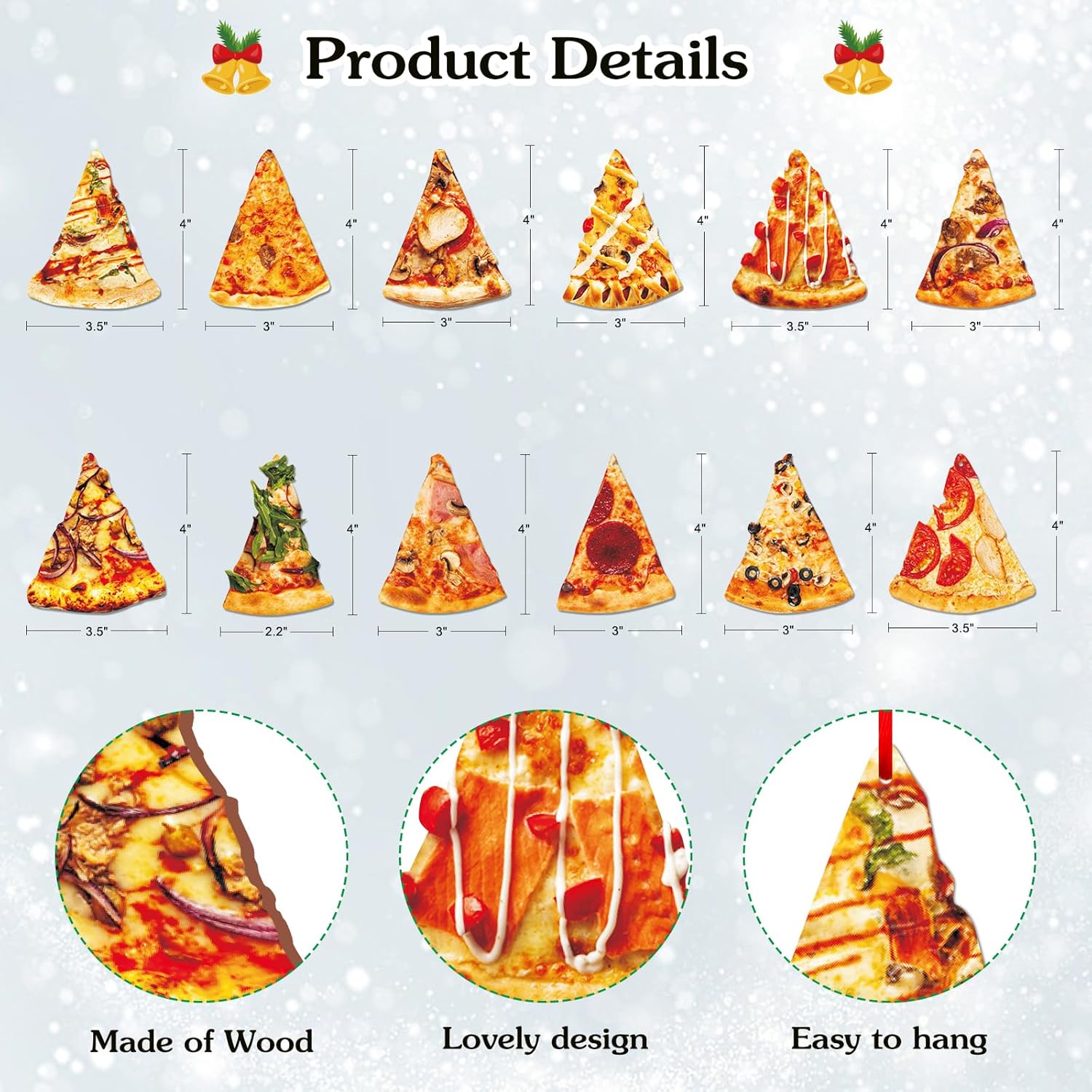 D4DREAM 12Pcs Wooden Pizza Slice Christmas Ornaments
