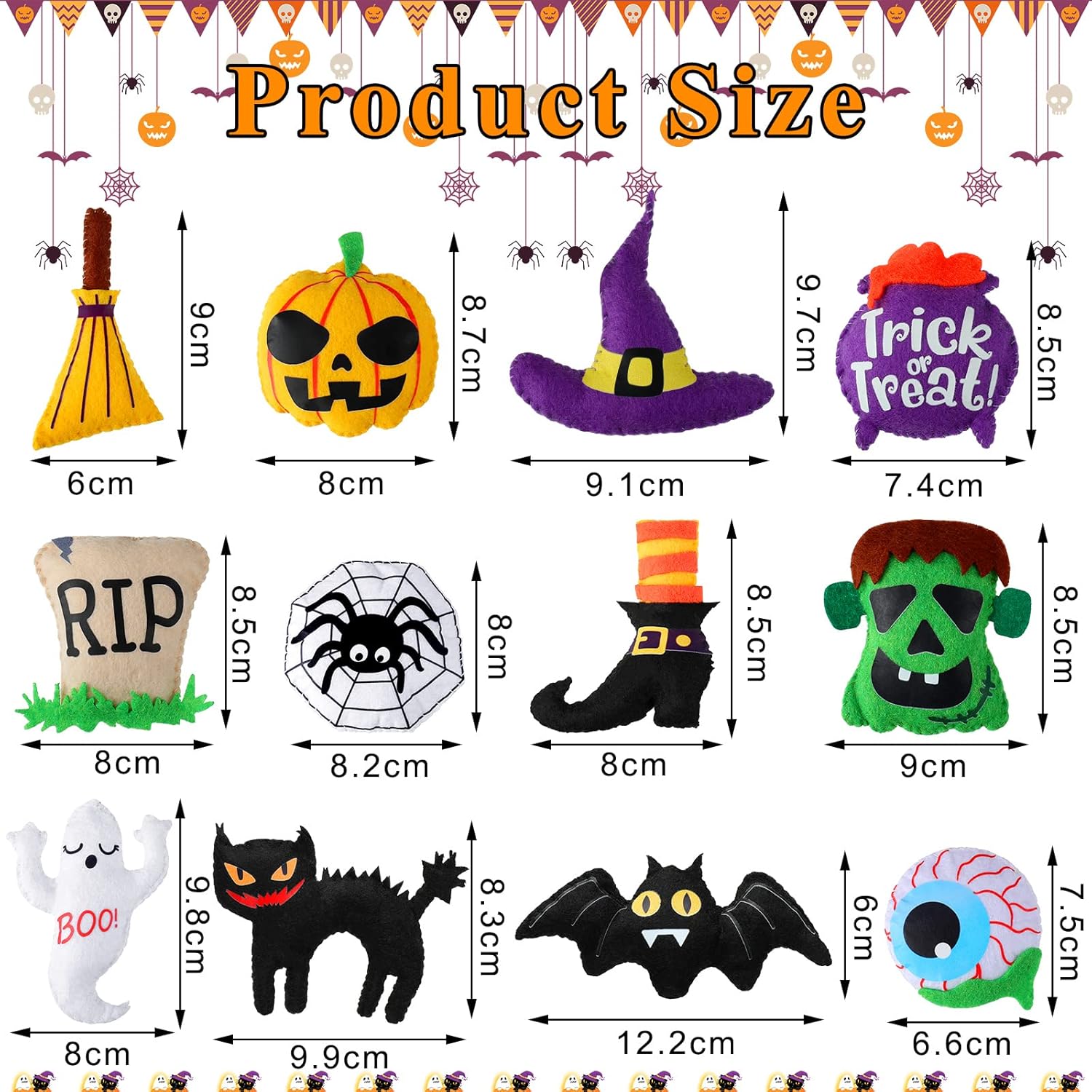 12 Halloween Tree Ornaments - 3D Felt Decorations