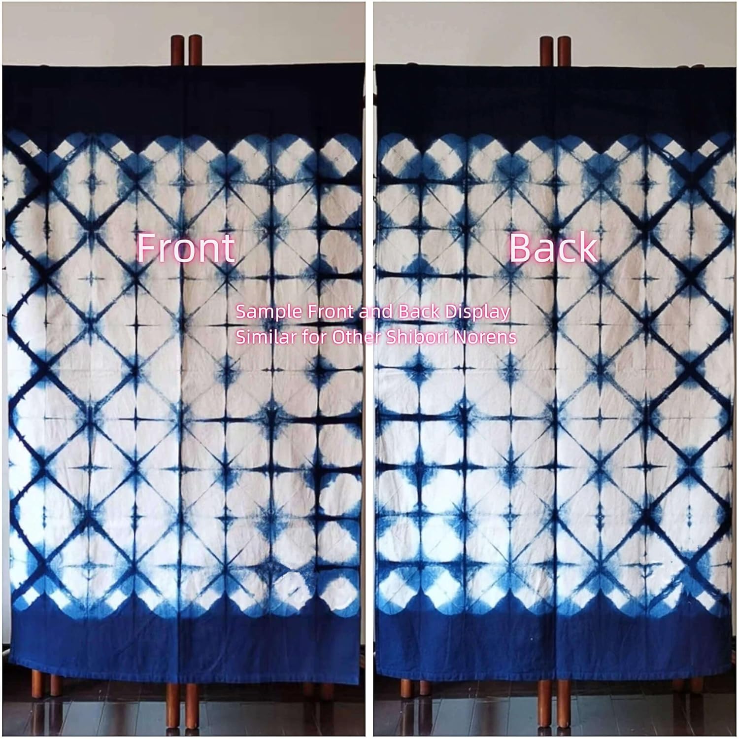 Hand Dyed Shibori Noren Curtain Panels - Geometric Indigo Design 335x59in