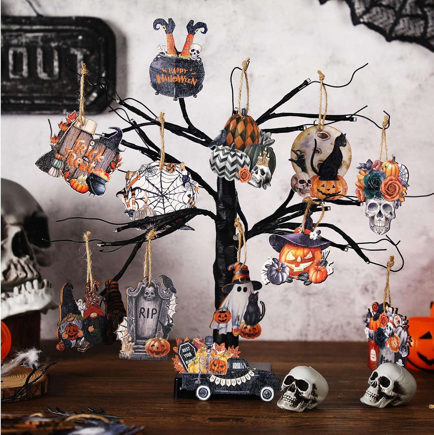 36 Pcs Halloween Wooden Ornaments with Ropes