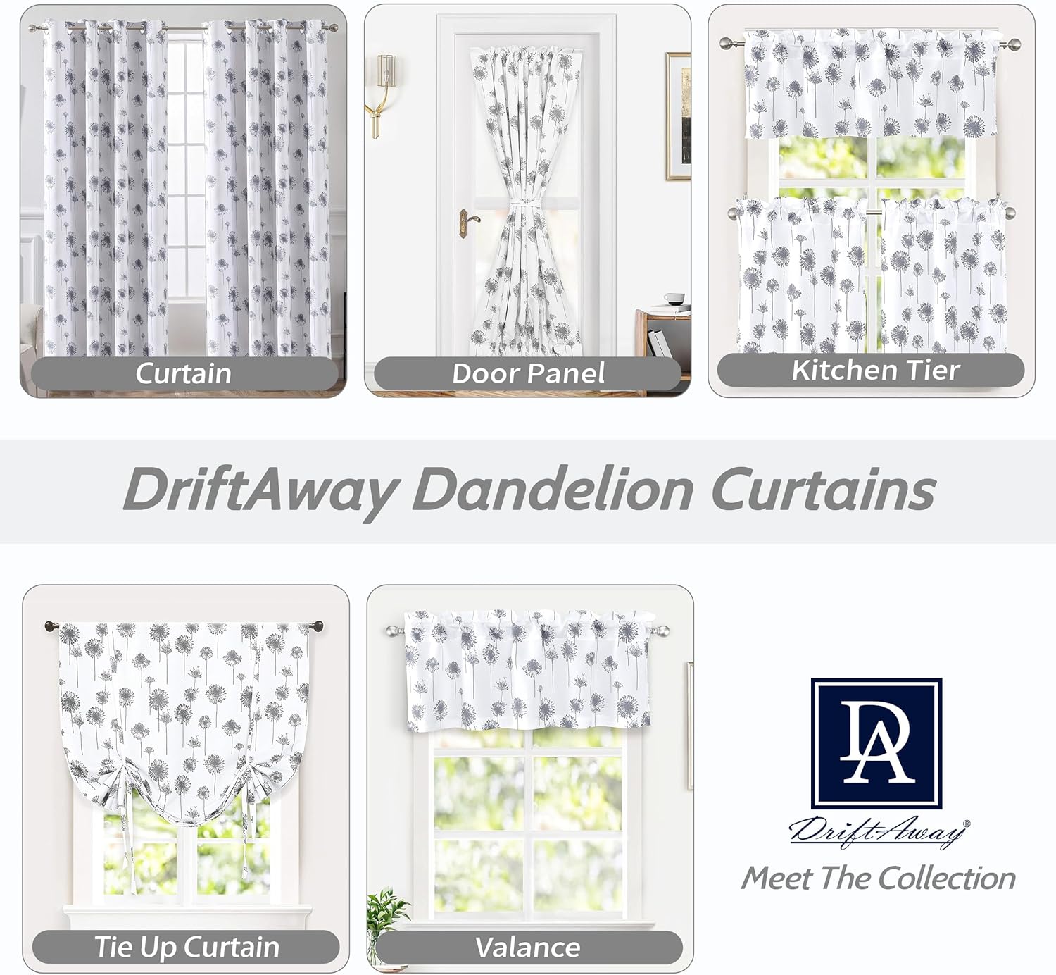 DriftAway Dandelion Floral Door Curtain 25x72 with Header Gray