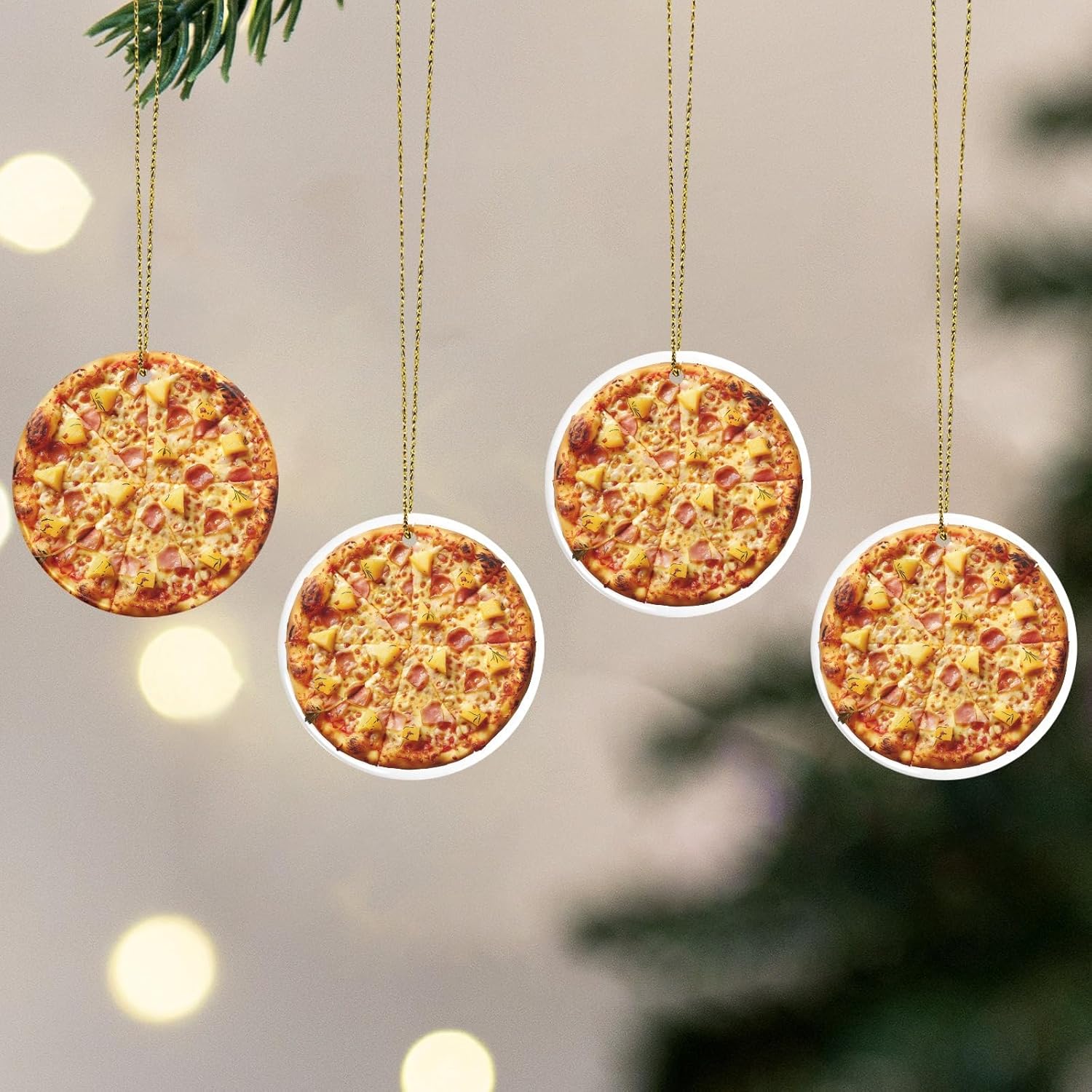 Generic Hawaiian Pizza with Pineapple and Ham Ceramic Christmas Ornaments 3 Inch Hanging