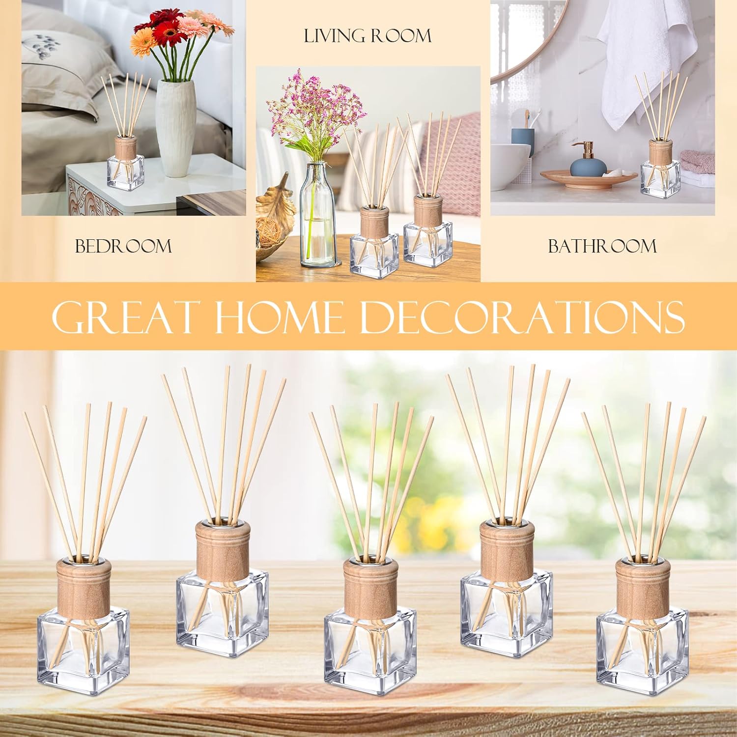Roshtia 4 Set Glass Diffuser Bottles with Wooden Caps and Rattan Sticks