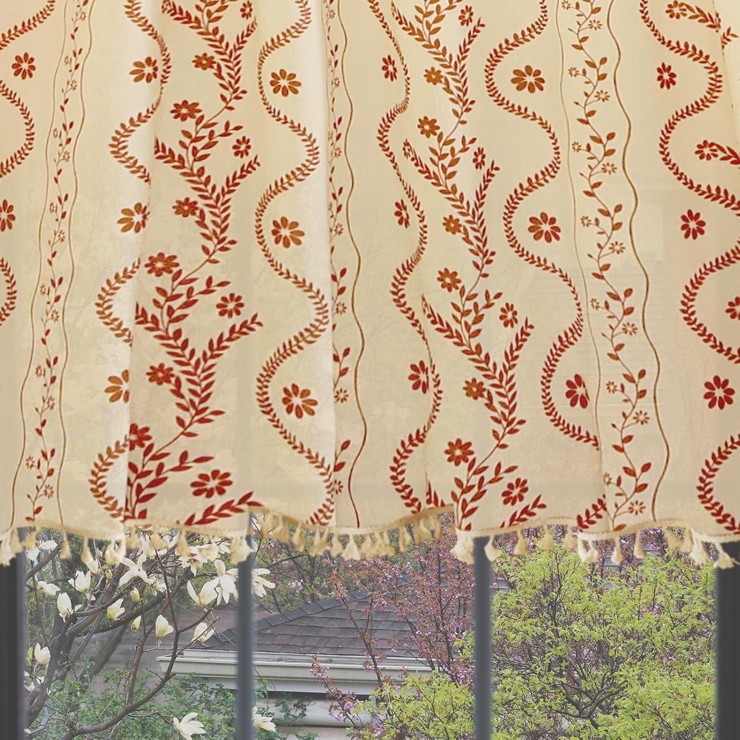 Linen Boho Curtains with Tassels and Floral Pattern