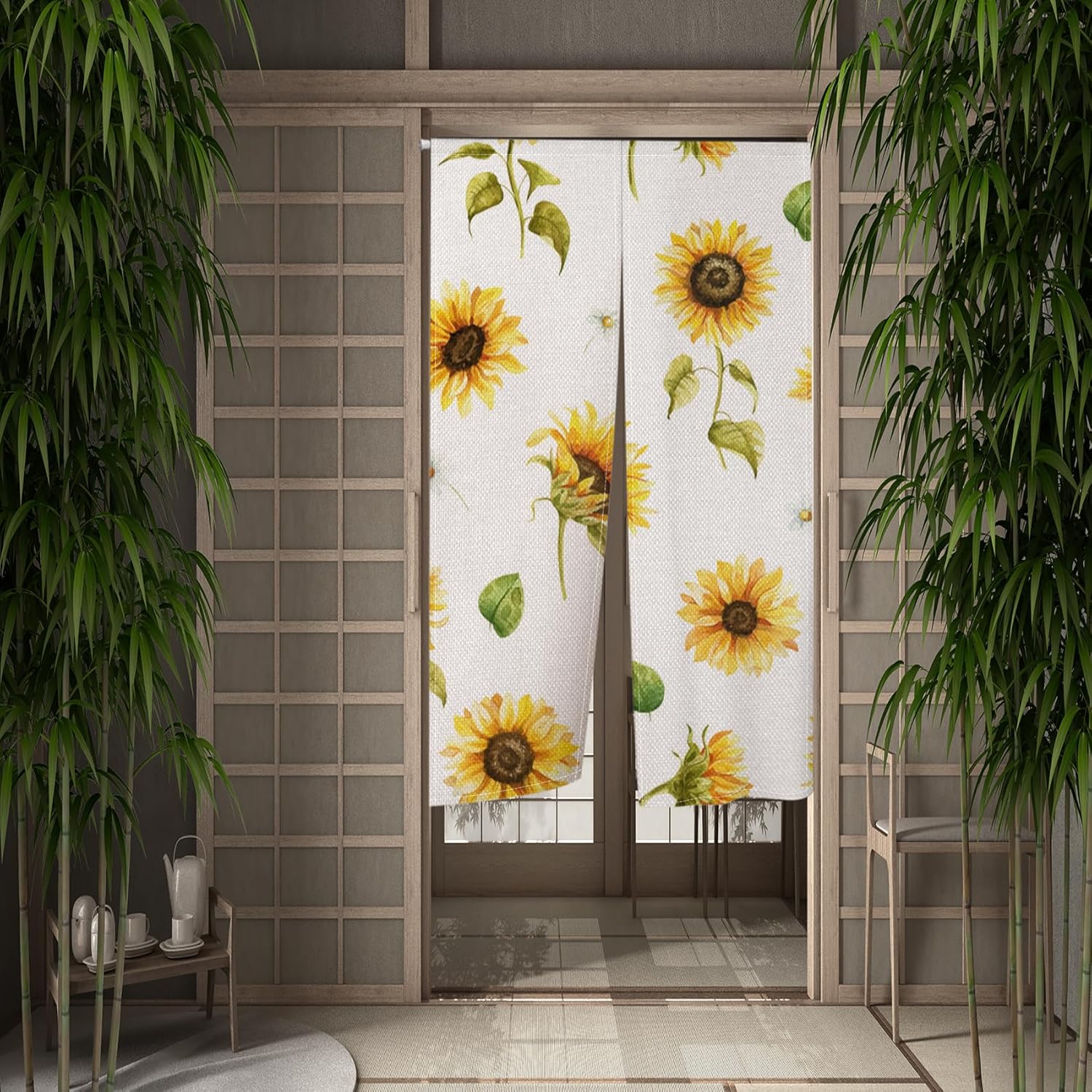 Sunflowers Noren Curtain Bright Yellow Floral Doorway Divider