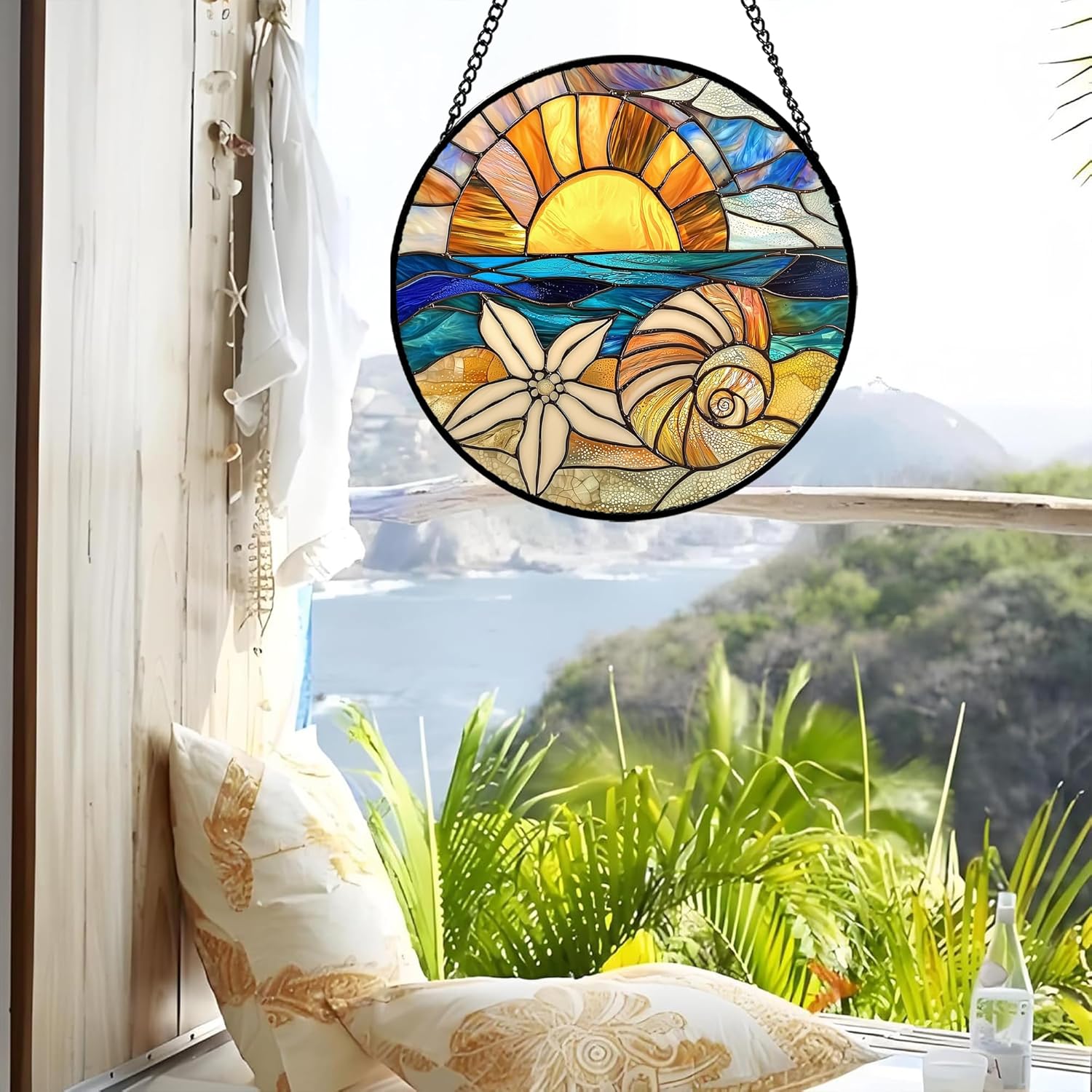 Stained Glass Window Hanging - Gold Sun Blue Sea Suncatcher 15 in