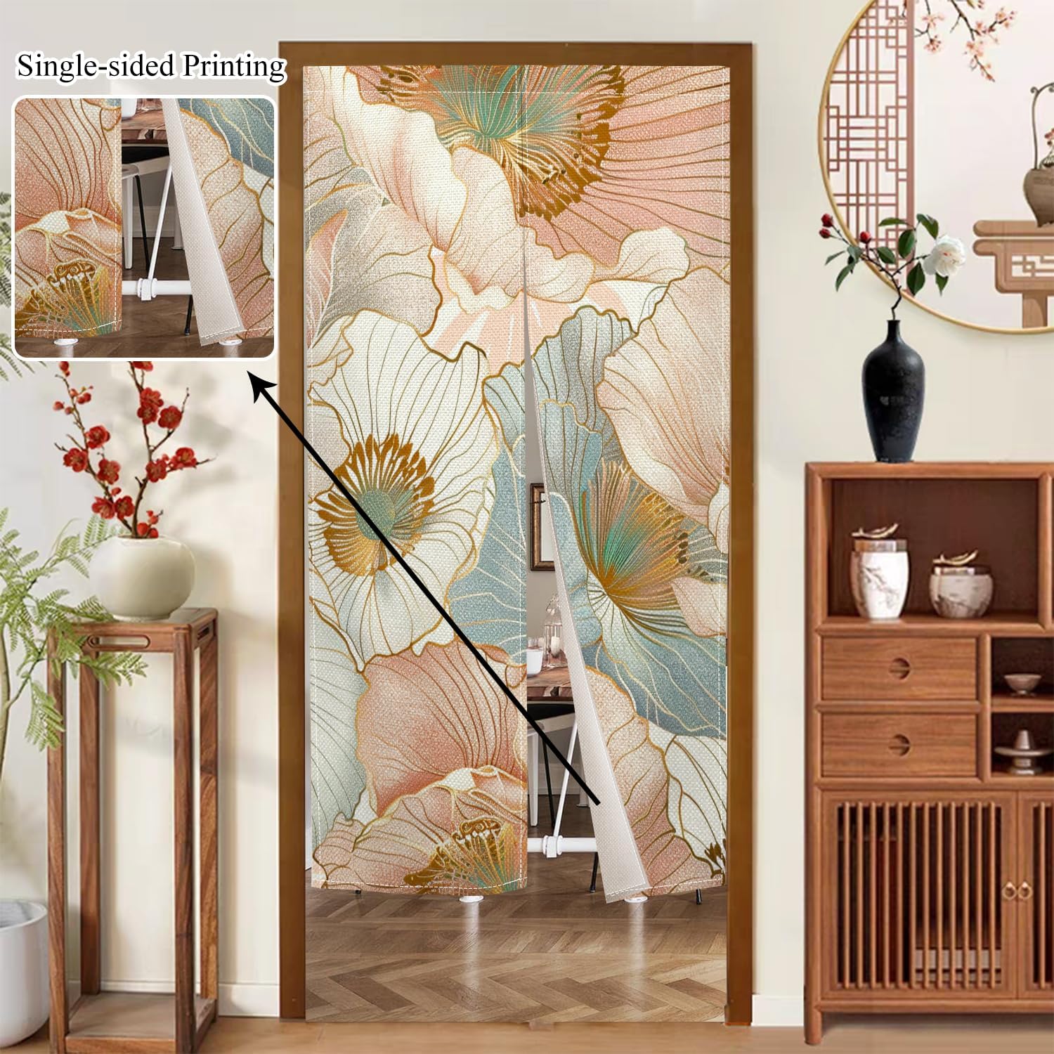 Boho Style Japanese Noren Panel Door Curtain with Flowers Pattern
