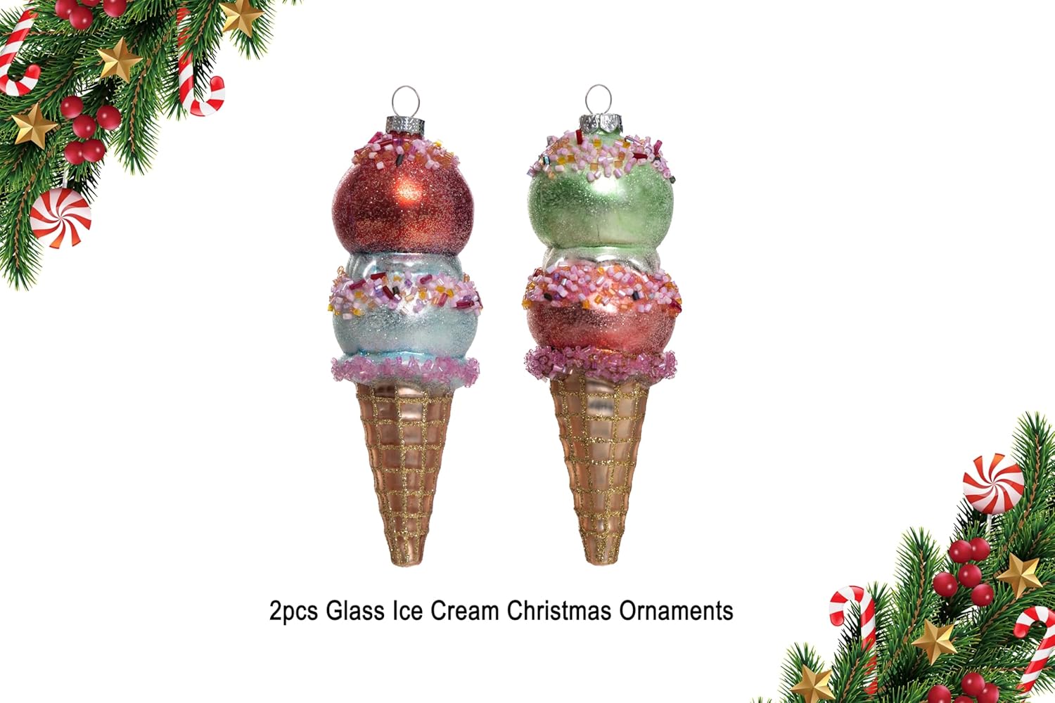2pcs Glass Ice Cream Cone Christmas Ornaments for Tree