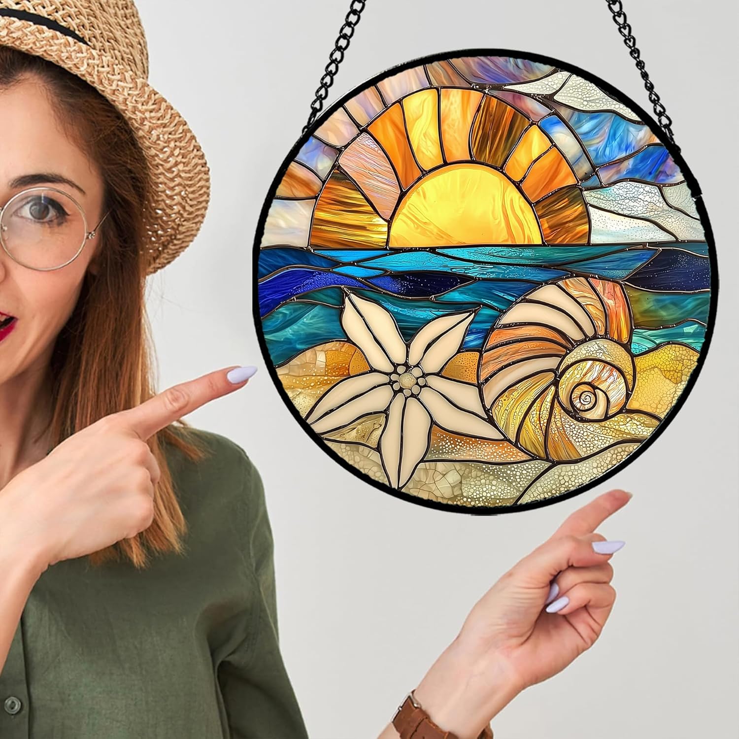 Stained Glass Window Hanging - Gold Sun Blue Sea Suncatcher 15 in