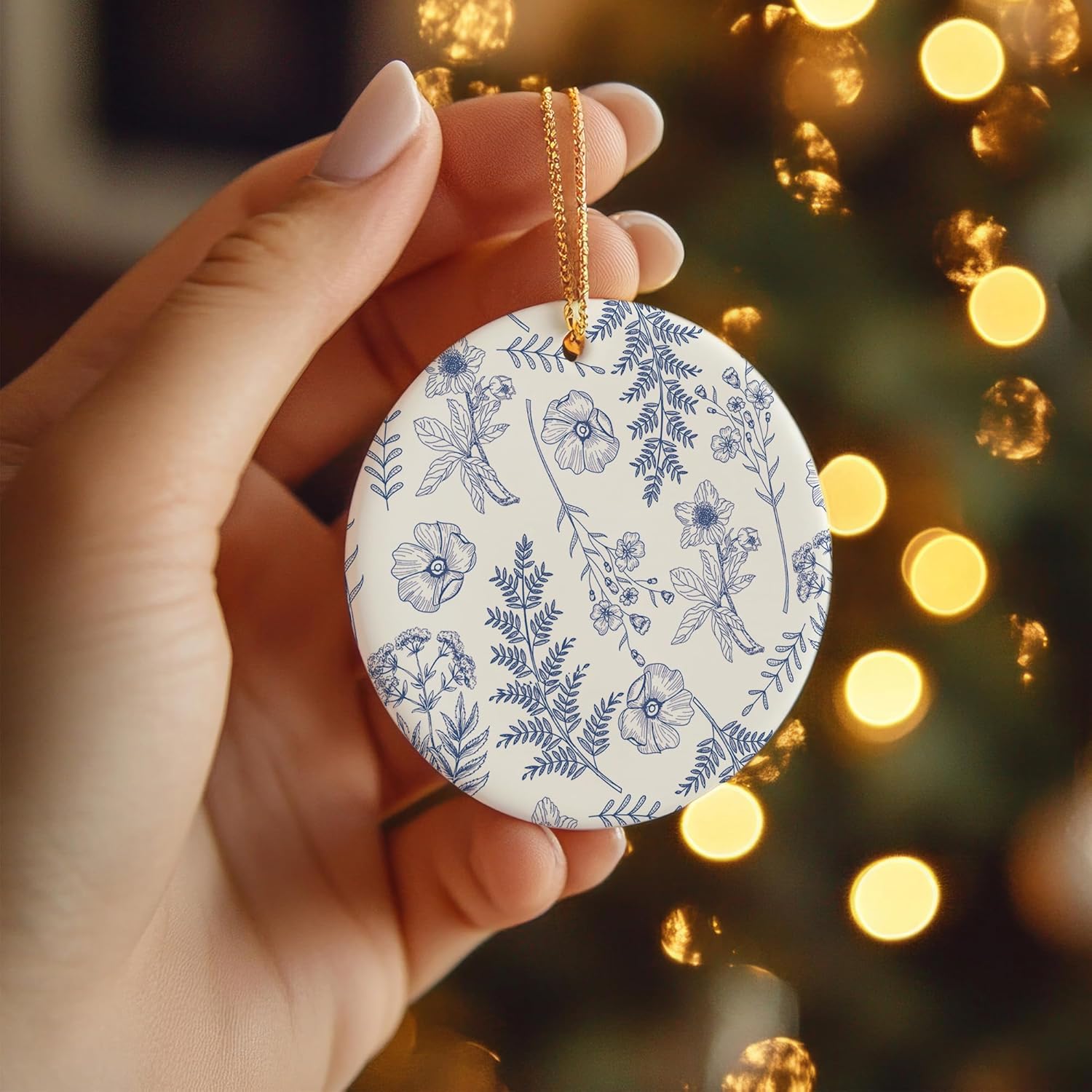 Blue Flowers Christmas Ornament - Chinoiserie Design Ceramic Decor