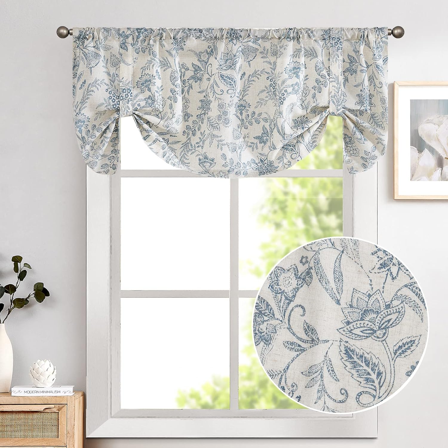 Lazzzy Farmhouse Valance Curtain 18 Inch Rod Pocket 1 Panel Blue on Beige