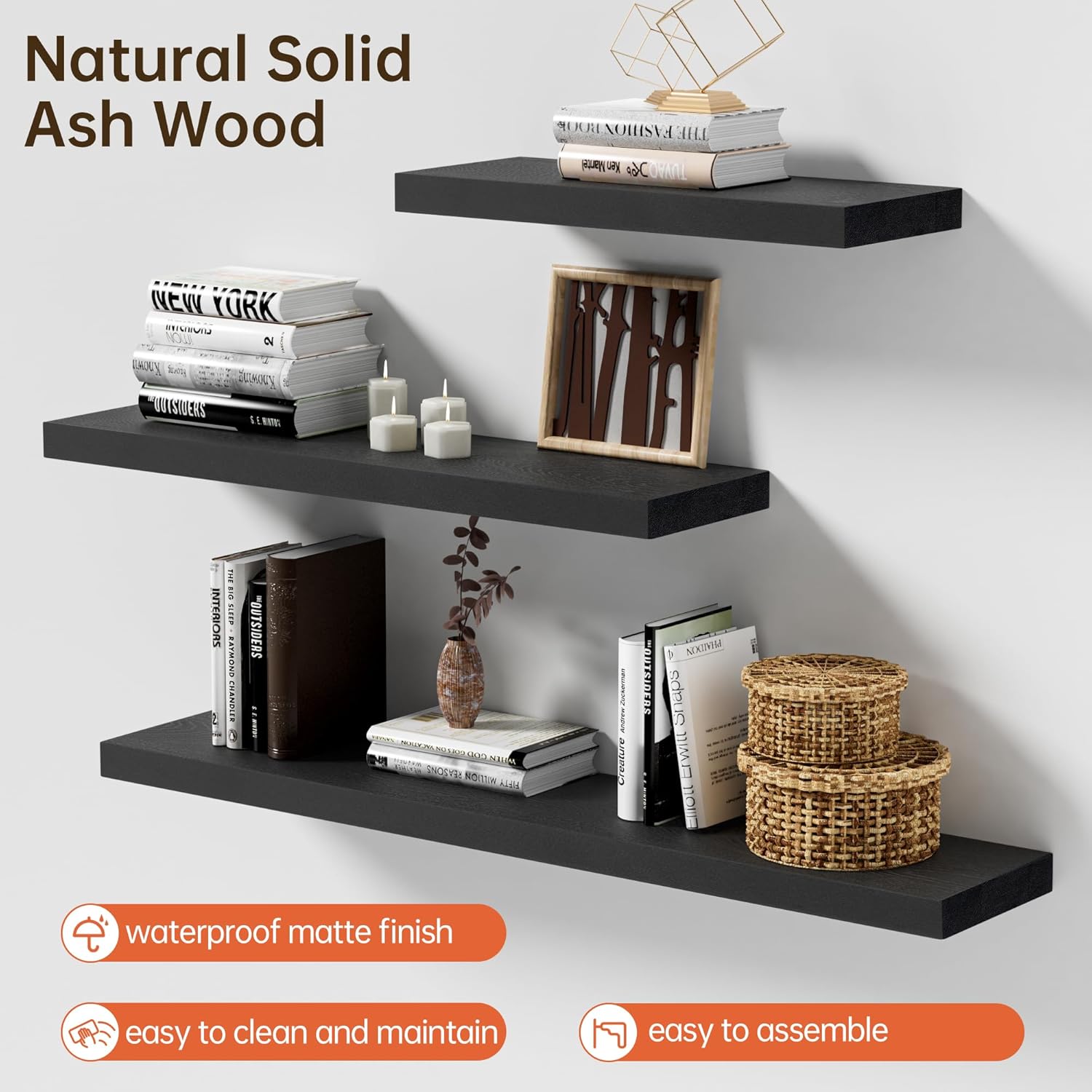 Marsmiles Black Floating Shelves Set of 2 - 24 Inch Ash Wood