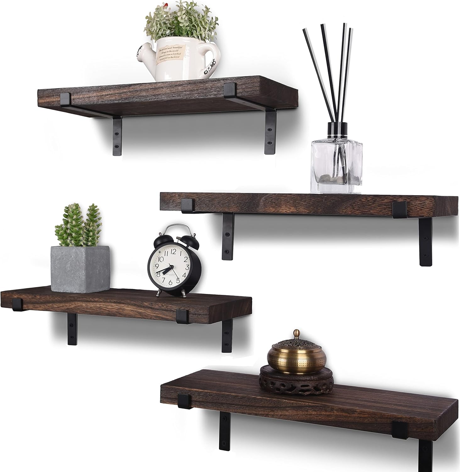 Rustic Wood Floating Shelves Dark Brown Set of 4
