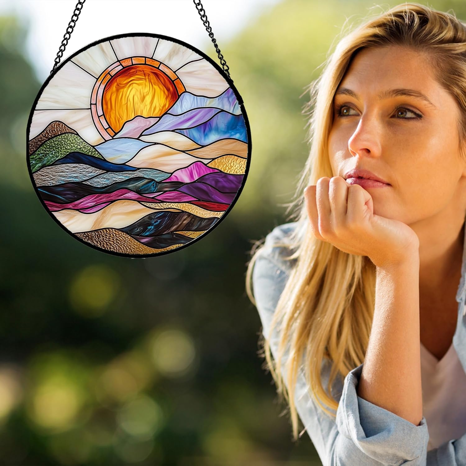 Golden Sun Abstract Landscape Stained Glass Window Hanging