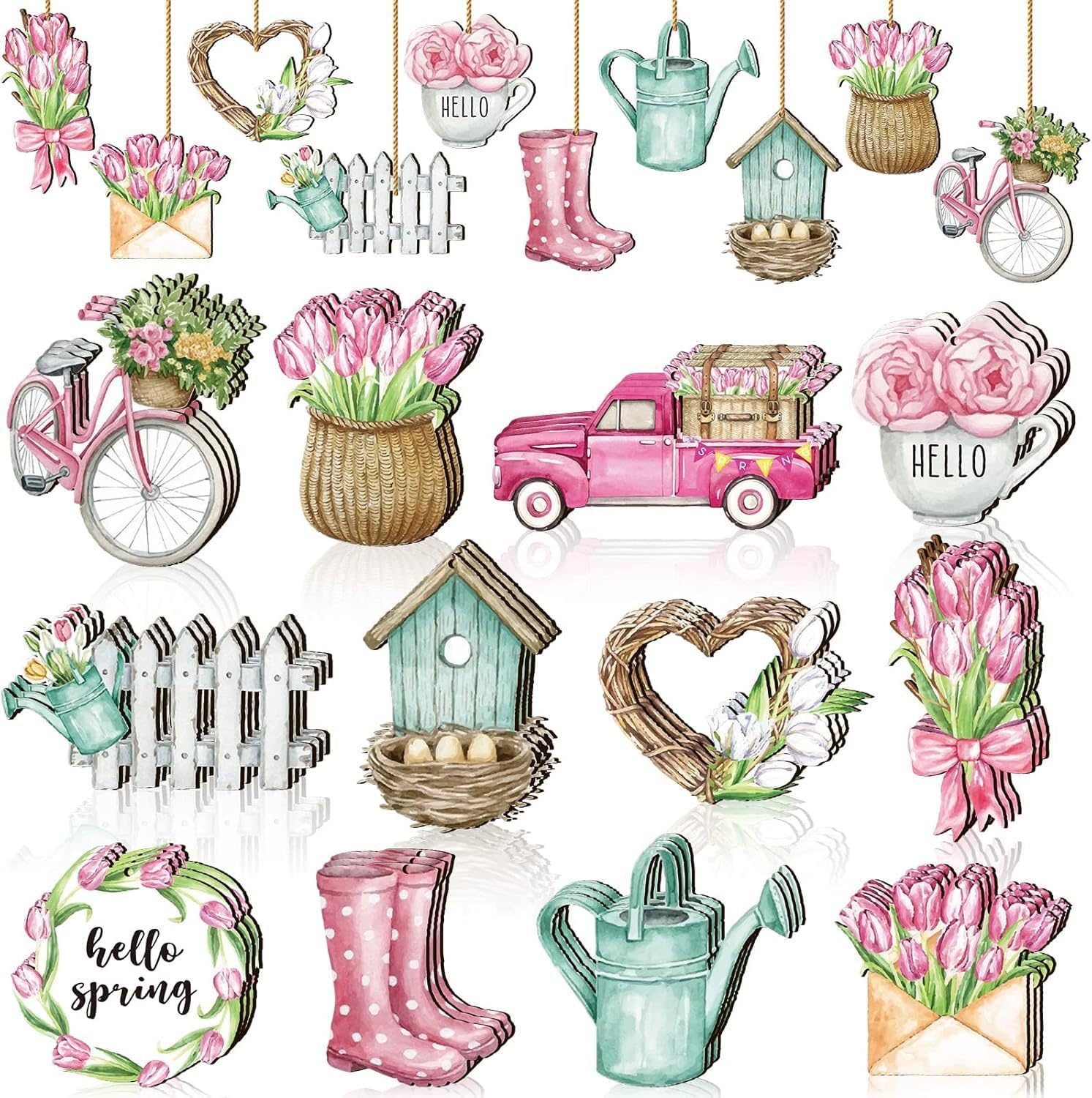 24 Pcs Spring Floral Wooden Ornaments with Rope