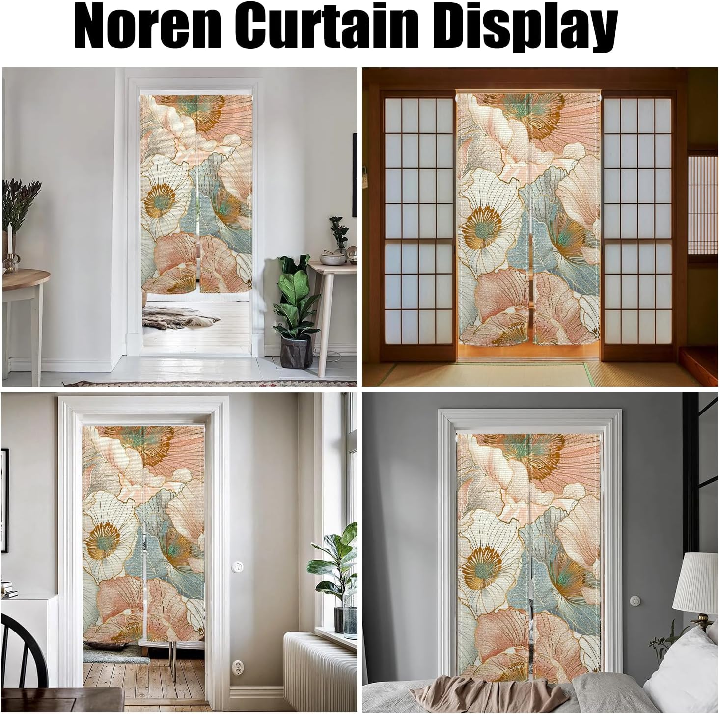 Boho Style Japanese Noren Panel Door Curtain with Flowers Pattern