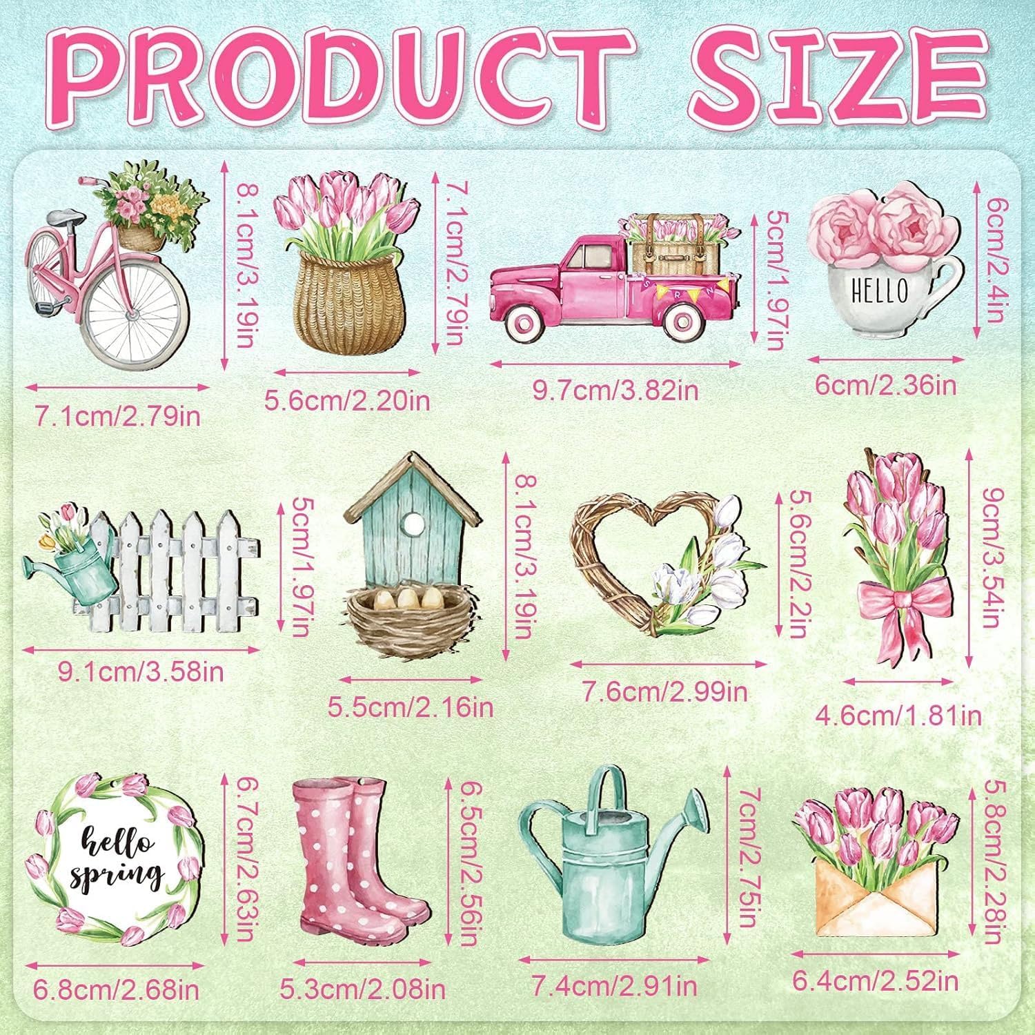 24 Pcs Spring Floral Wooden Ornaments with Rope