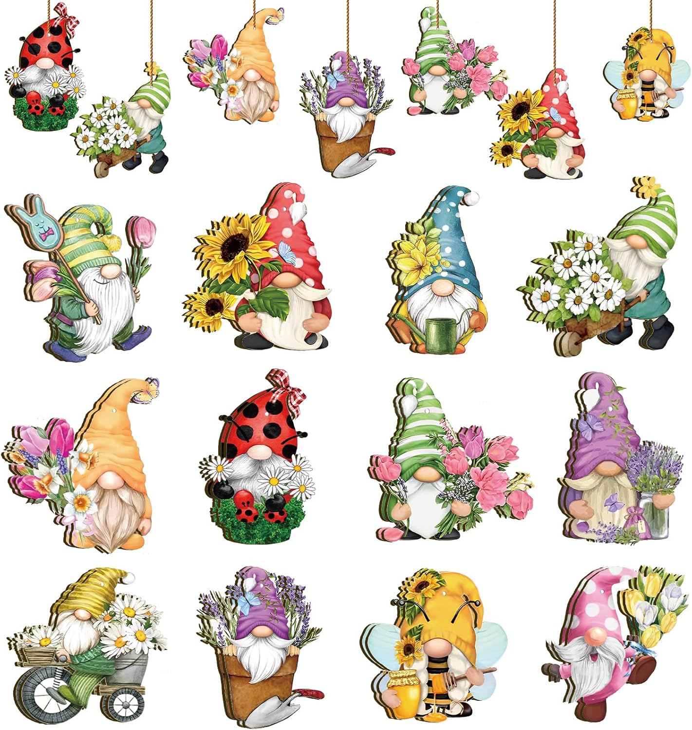 Spring Hanging Ornament Gnomes Flowers Wooden Decor 24 Pack