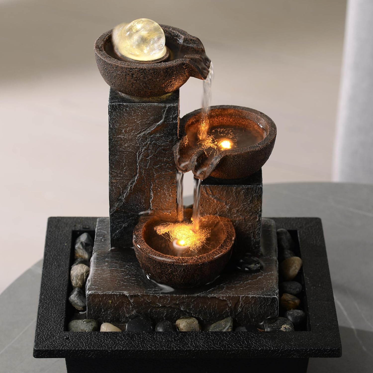 Tolevoit Three Bowls Rotating Ball Water Fountain Home Dcor