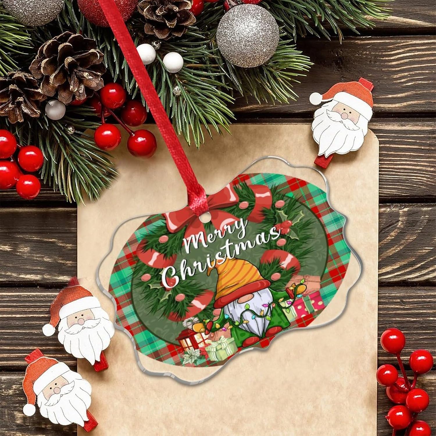 Acrylic Christmas Ornament Decor with Buffalo Plaid Gnome Design