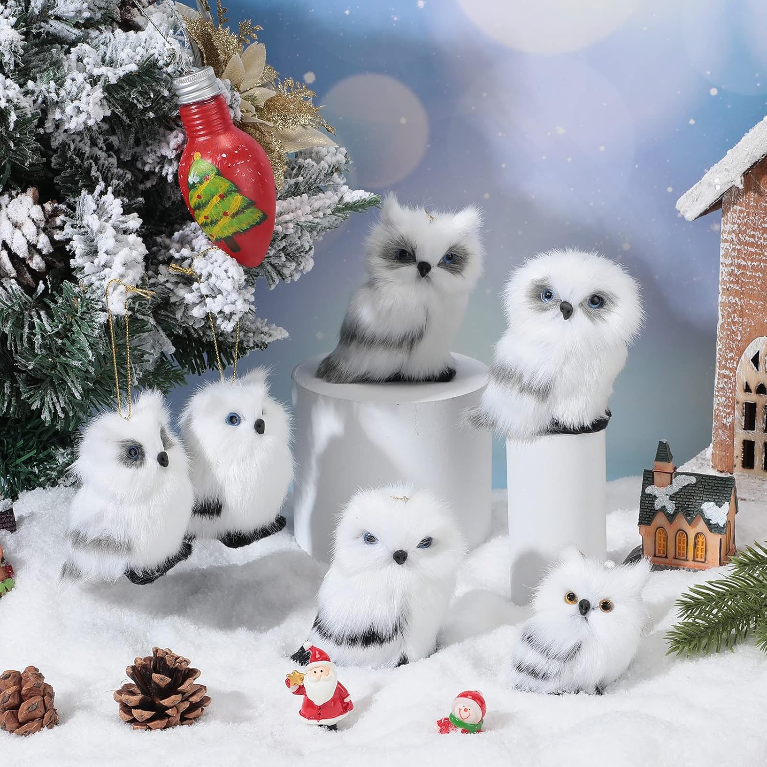 12 Pcs White Faux Fur Owl Christmas Hanging Decorations