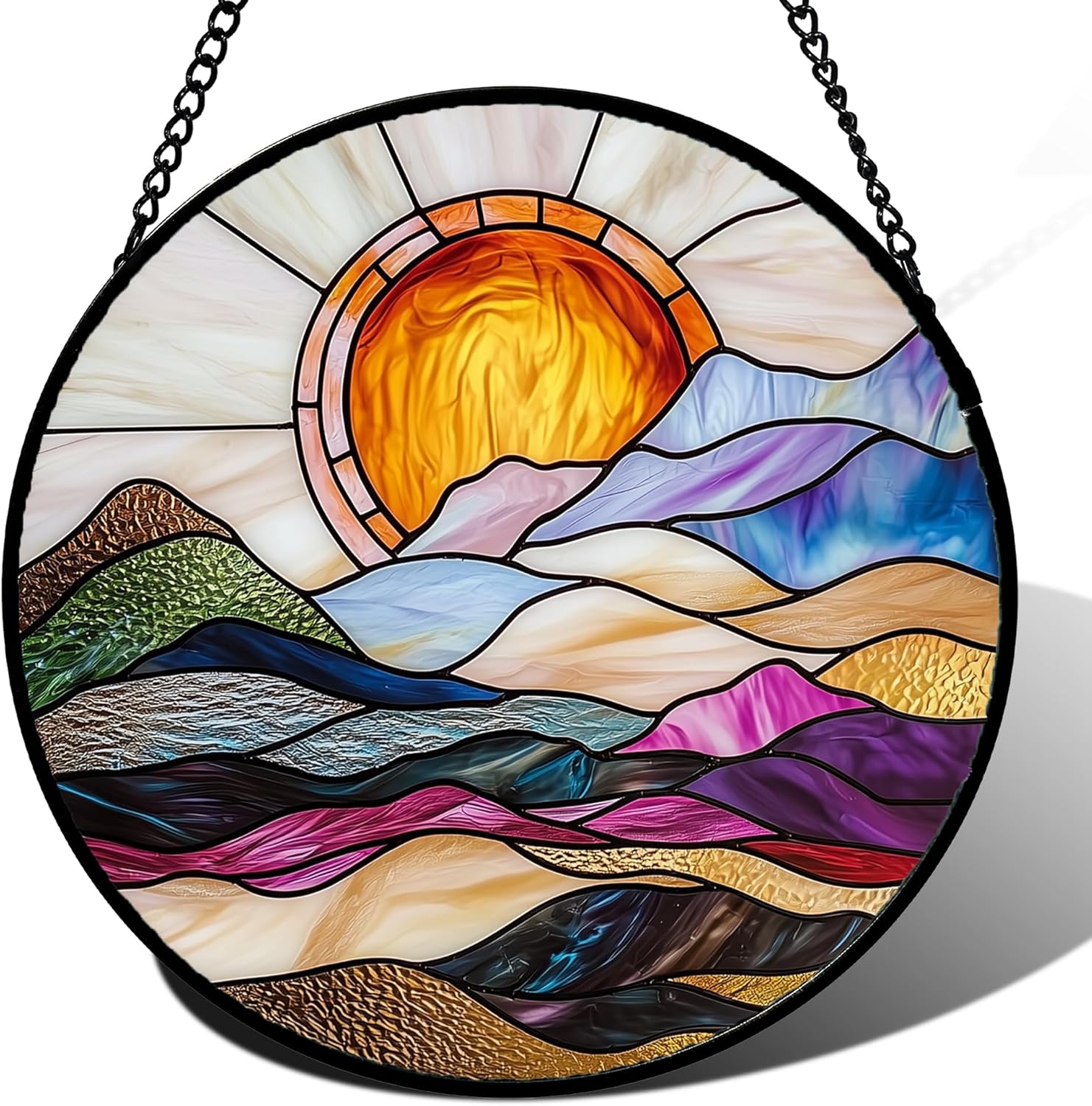 Golden Sun Abstract Landscape Stained Glass Window Hanging