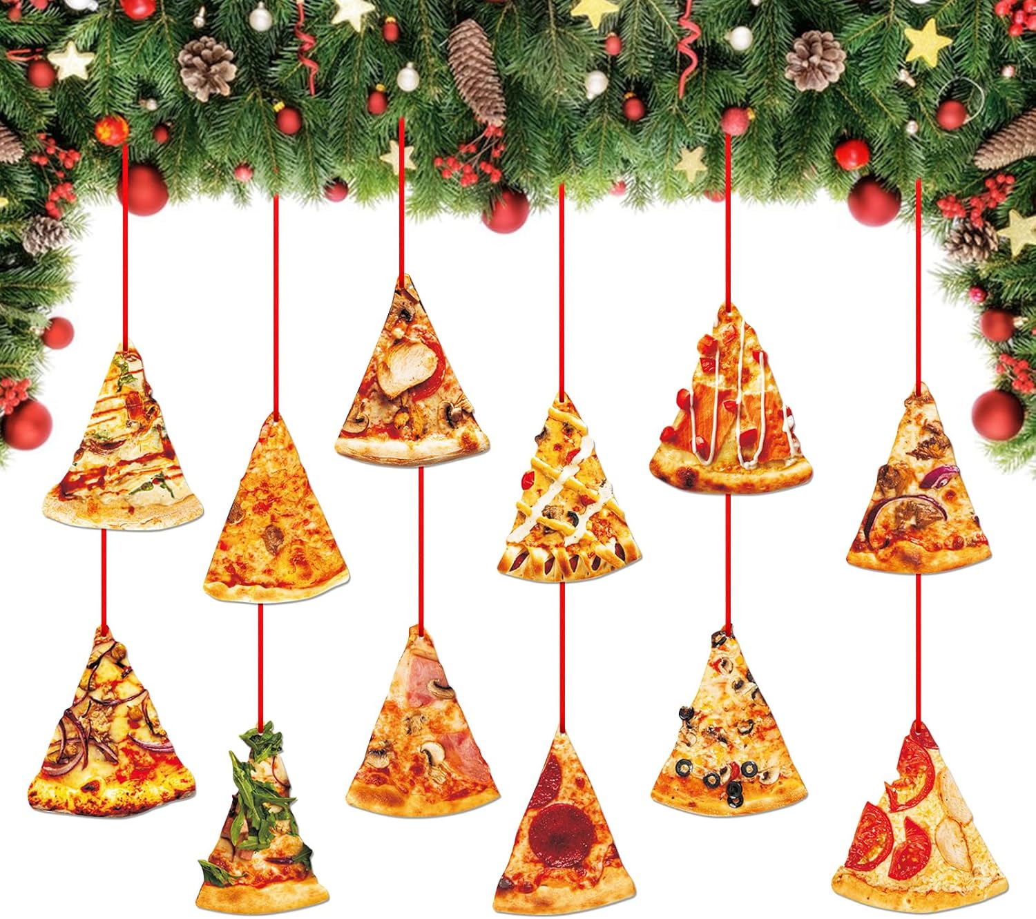 D4DREAM 12Pcs Wooden Pizza Slice Christmas Ornaments