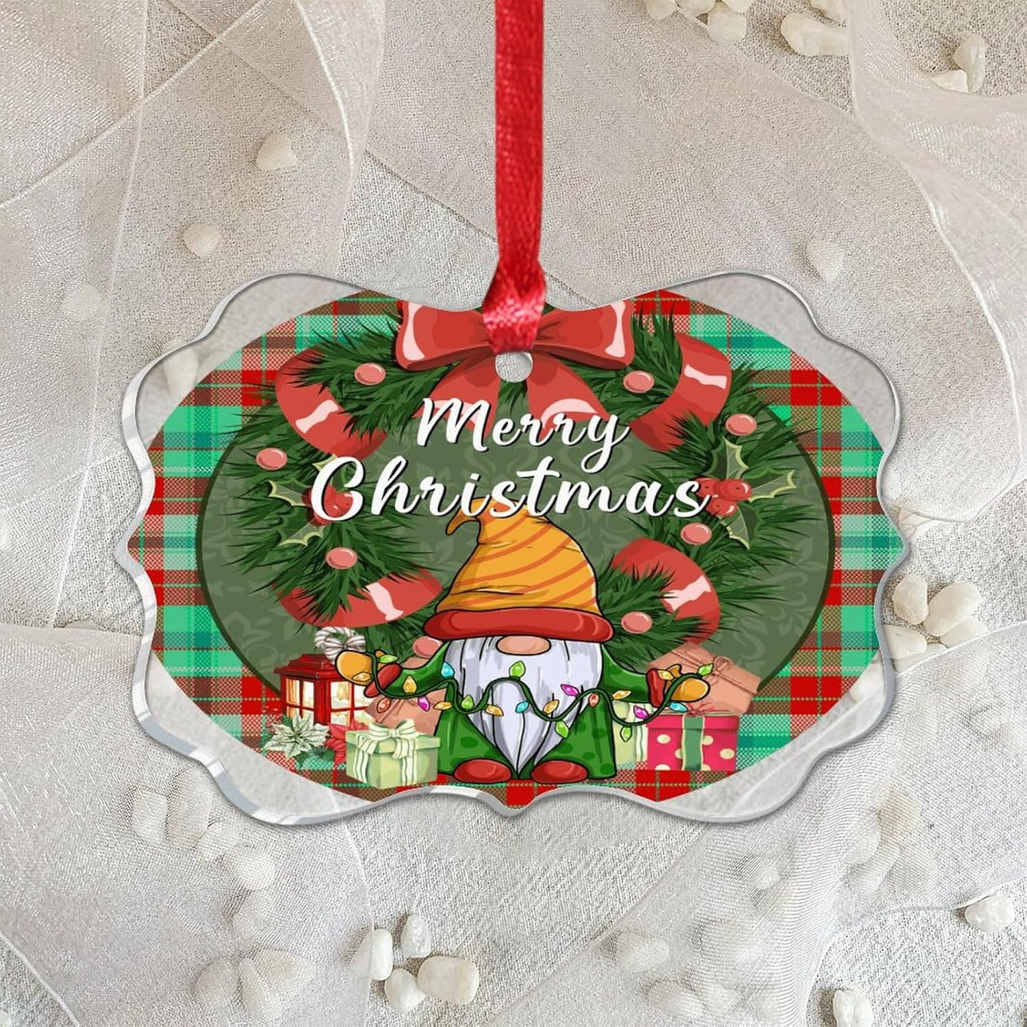 Acrylic Christmas Ornament Decor with Buffalo Plaid Gnome Design