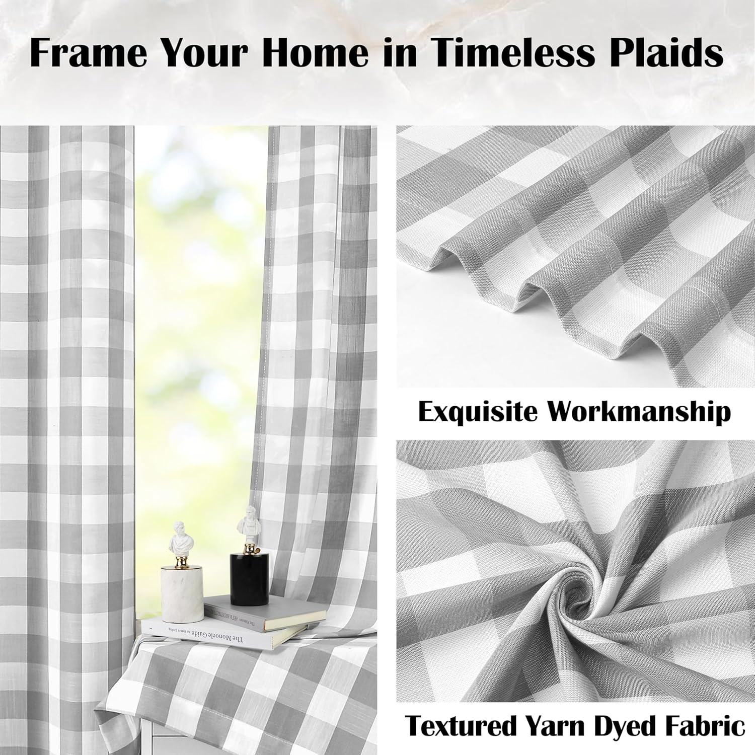 72 Inch Gray White Buffalo Plaid Curtains 2 Panels Rod Pocket