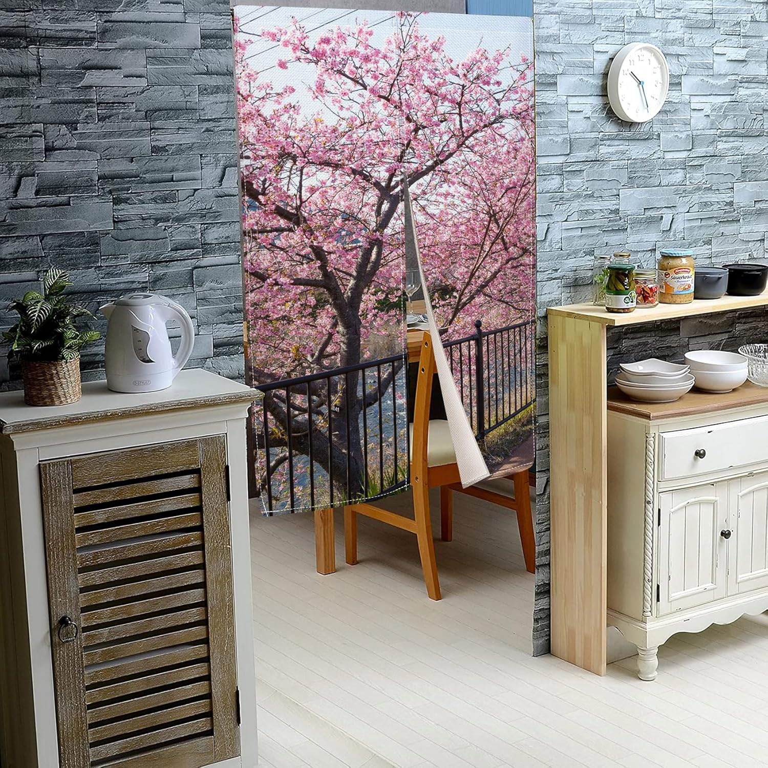 Leowefowa Japanese Noren Curtain Spring Pink Cherry Blossom Long