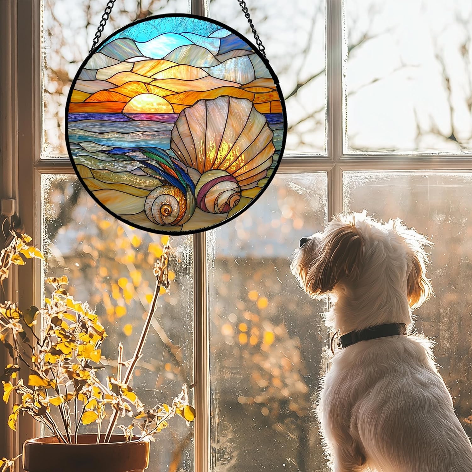 Colorful Beach Shells Stained Glass Window Hanging
